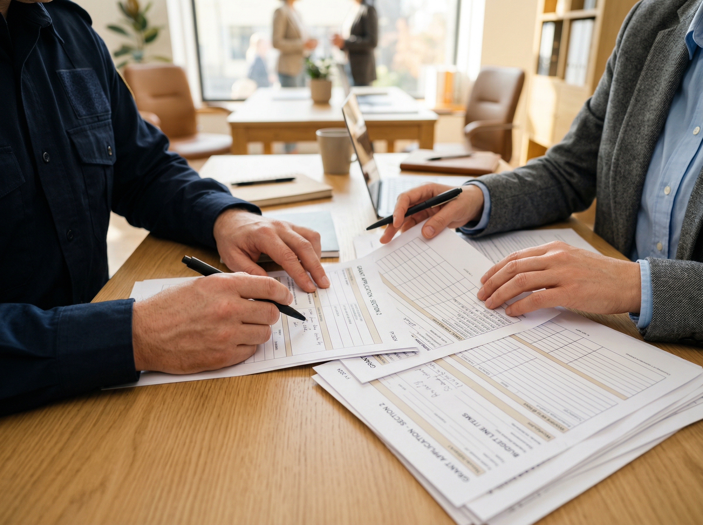 Two people reviewing grant application documents together at a desk