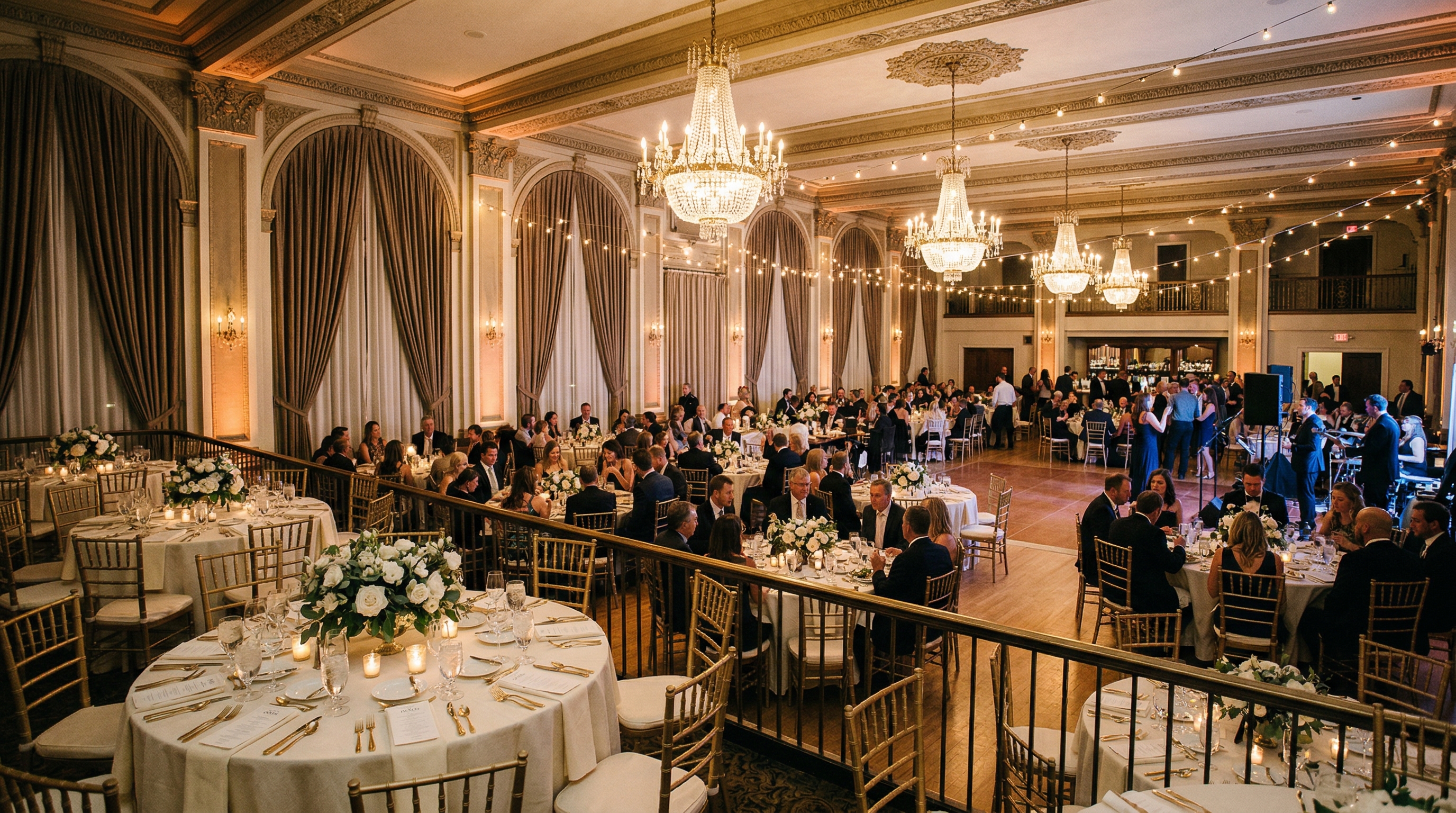 The Baxter Hotel downtown Bozeman Montana elegant historic ballroom wedding reception with chandeliers and floral arrangements