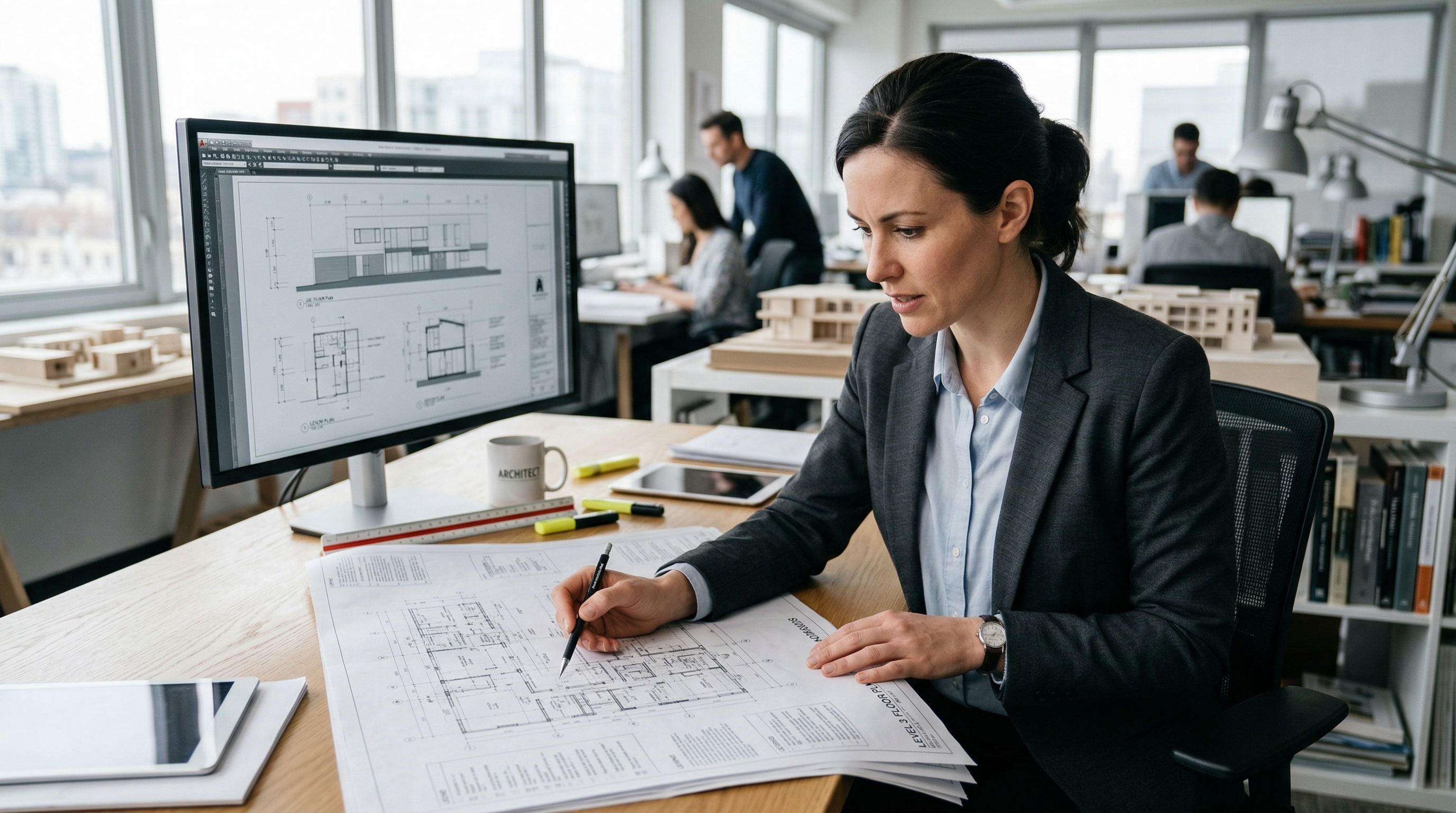 Architect reviewing technical specifications for movable wall systems