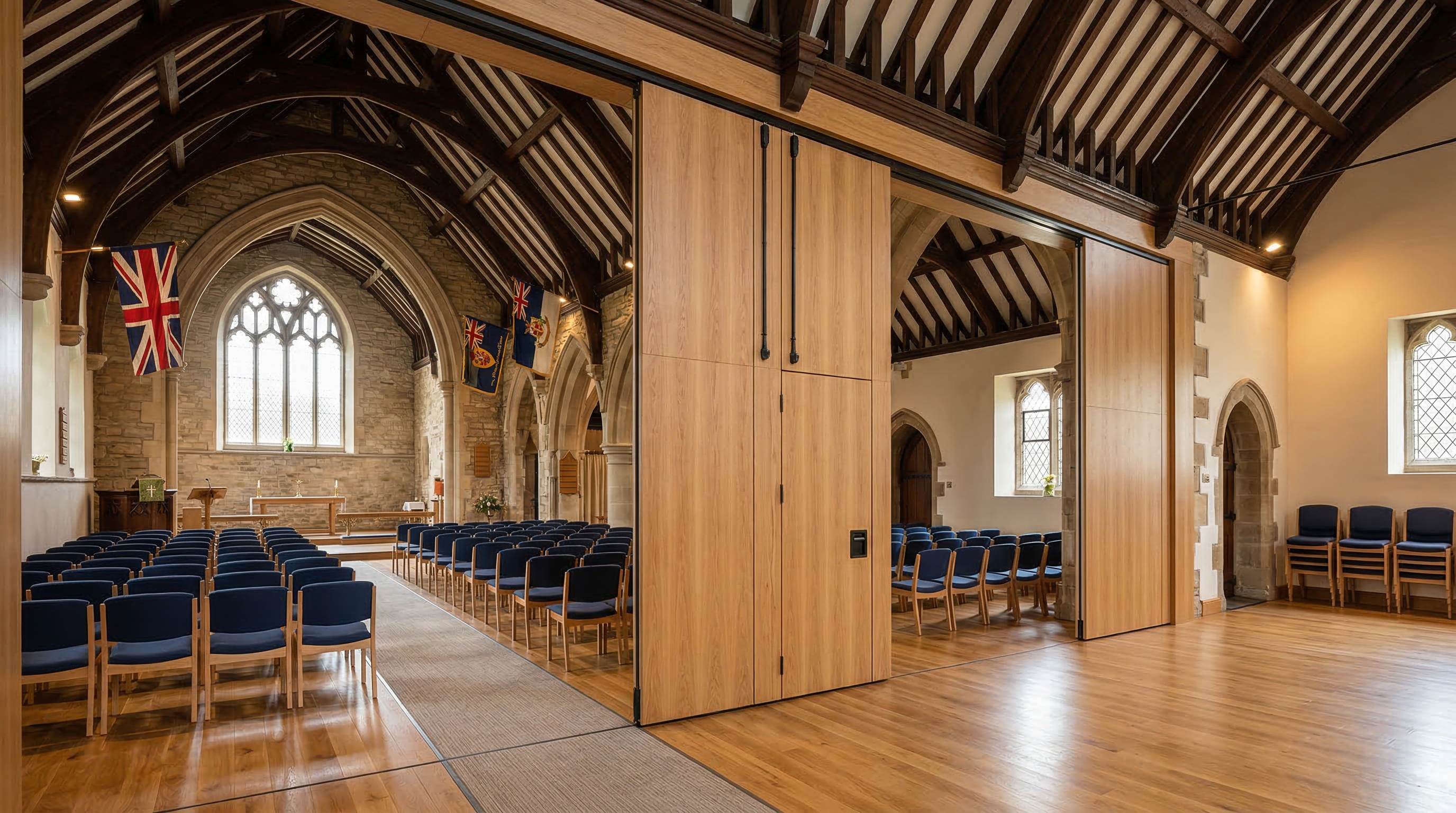 MG100 movable acoustic wall installed in Orpington Church, dividing the nave into two congregation spaces