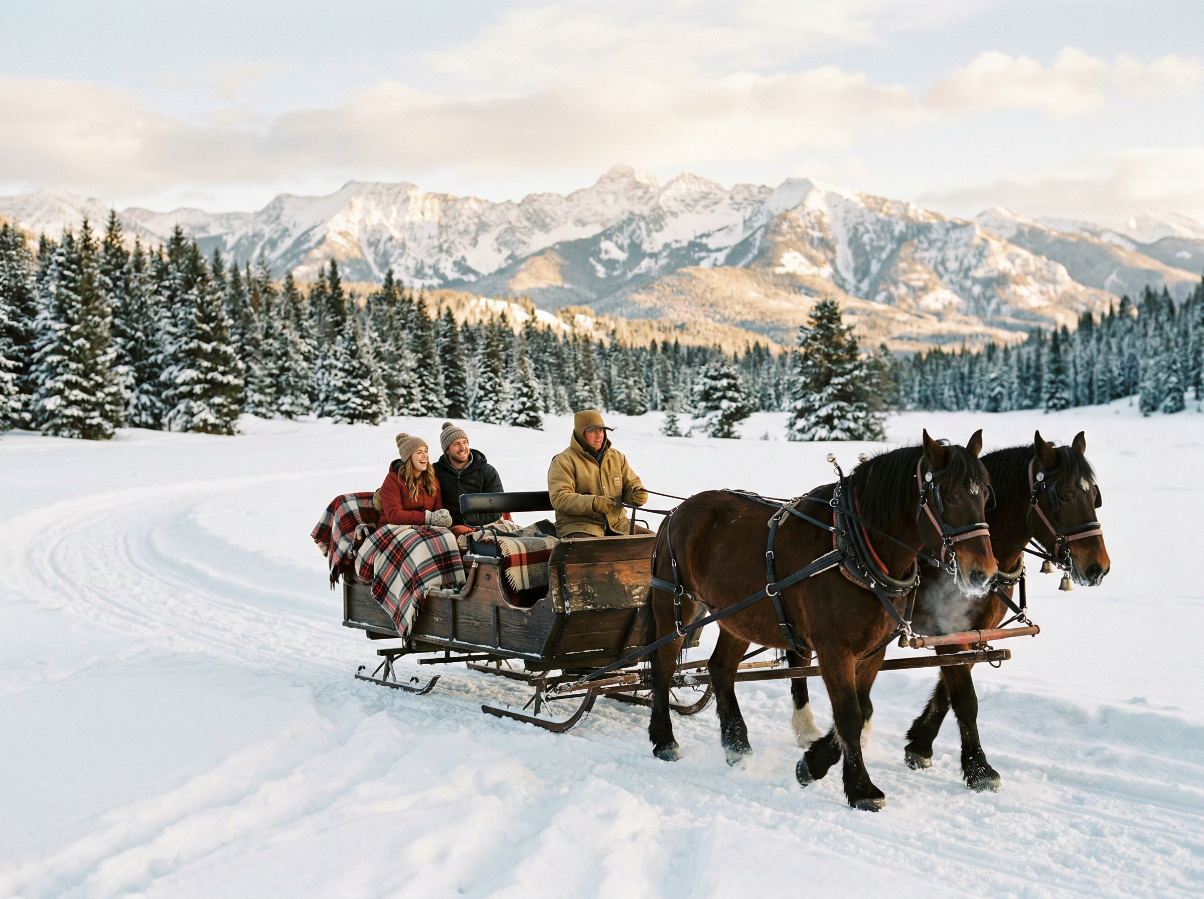 Horse-drawn sleigh ride through snowy Montana meadow with mountain backdrop