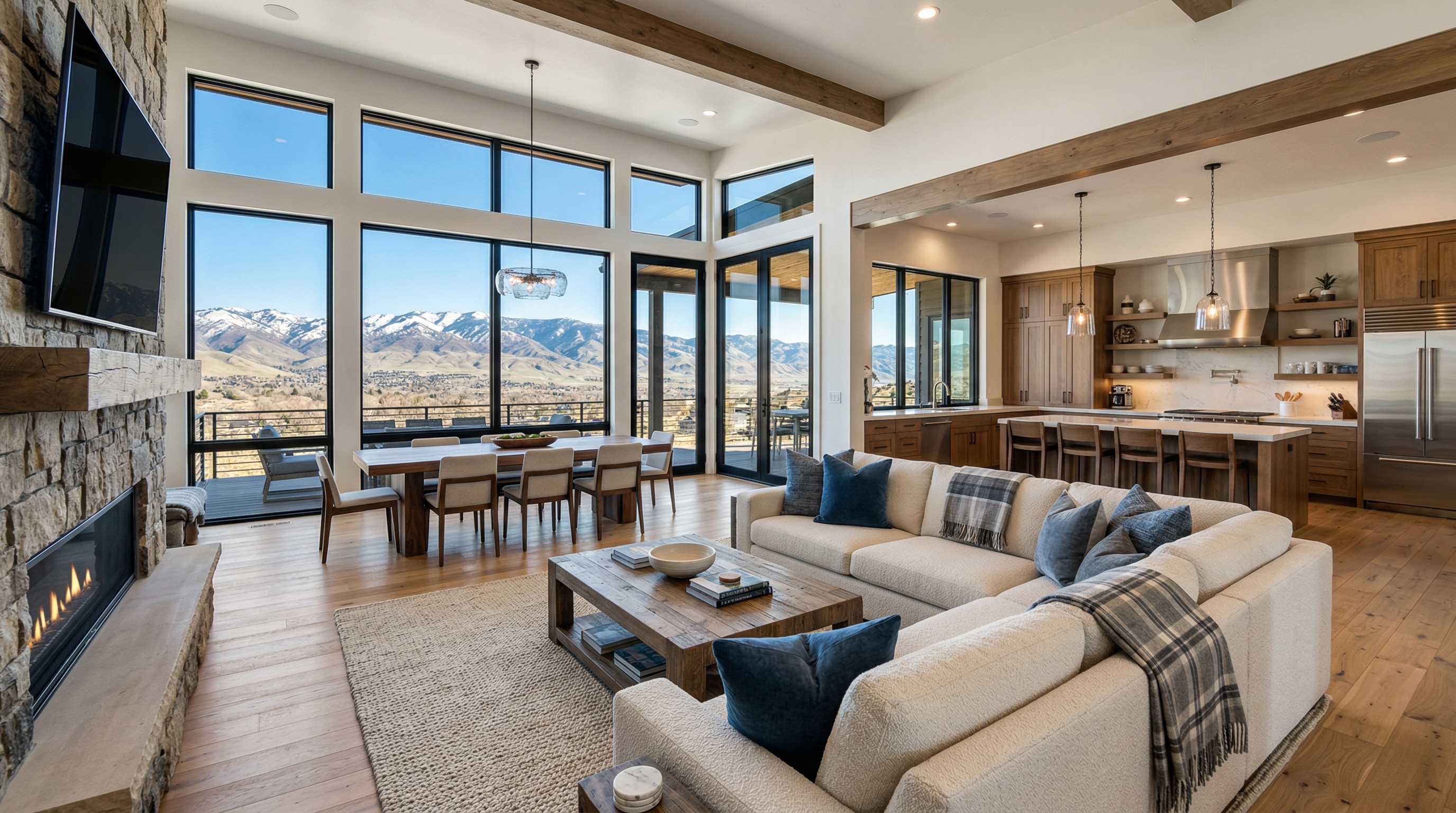 Luxury Idaho home interior with panoramic mountain views through floor-to-ceiling windows