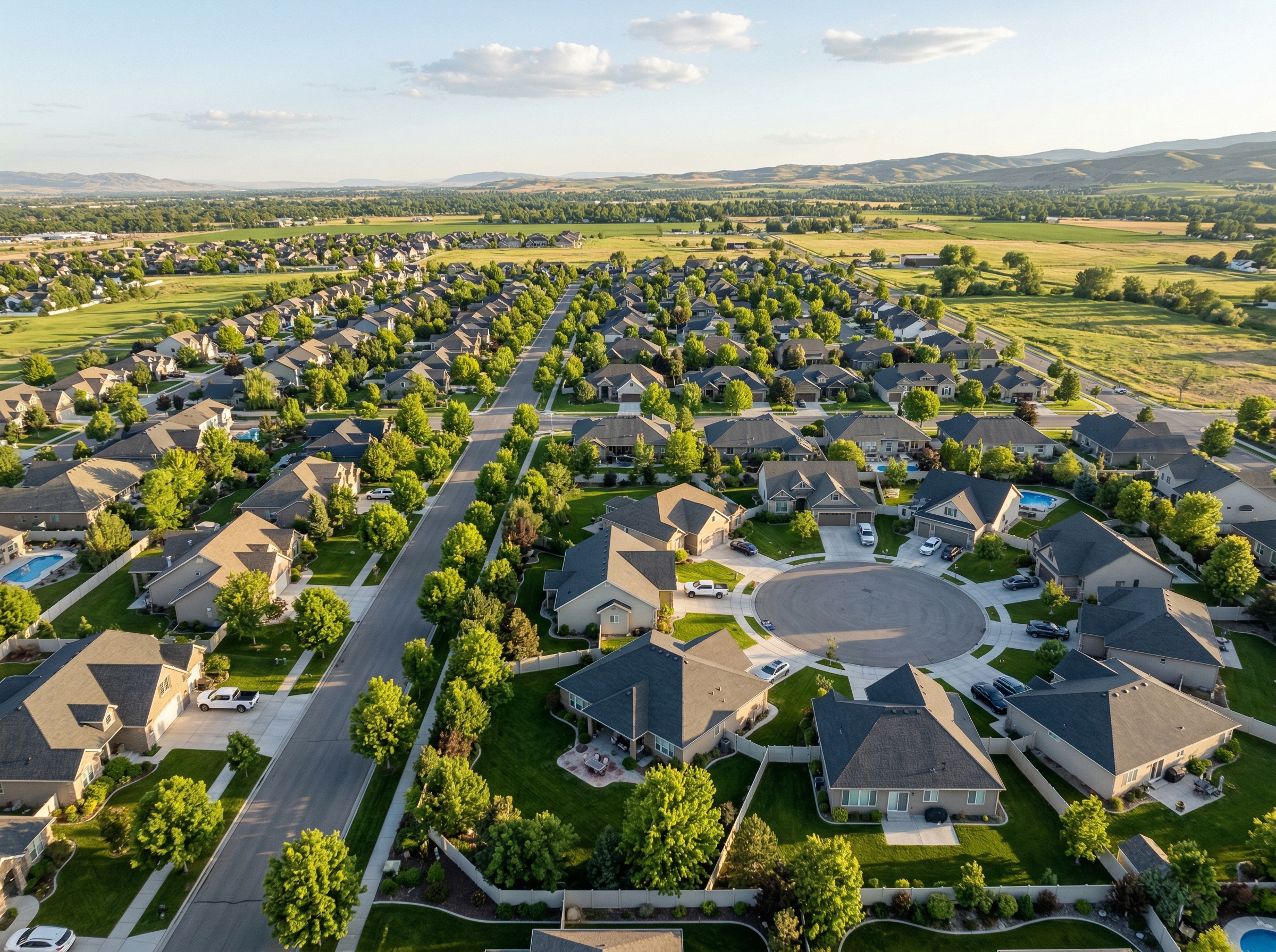 Aerial view of Treasure Valley Idaho residential neighborhood with mountain backdrop