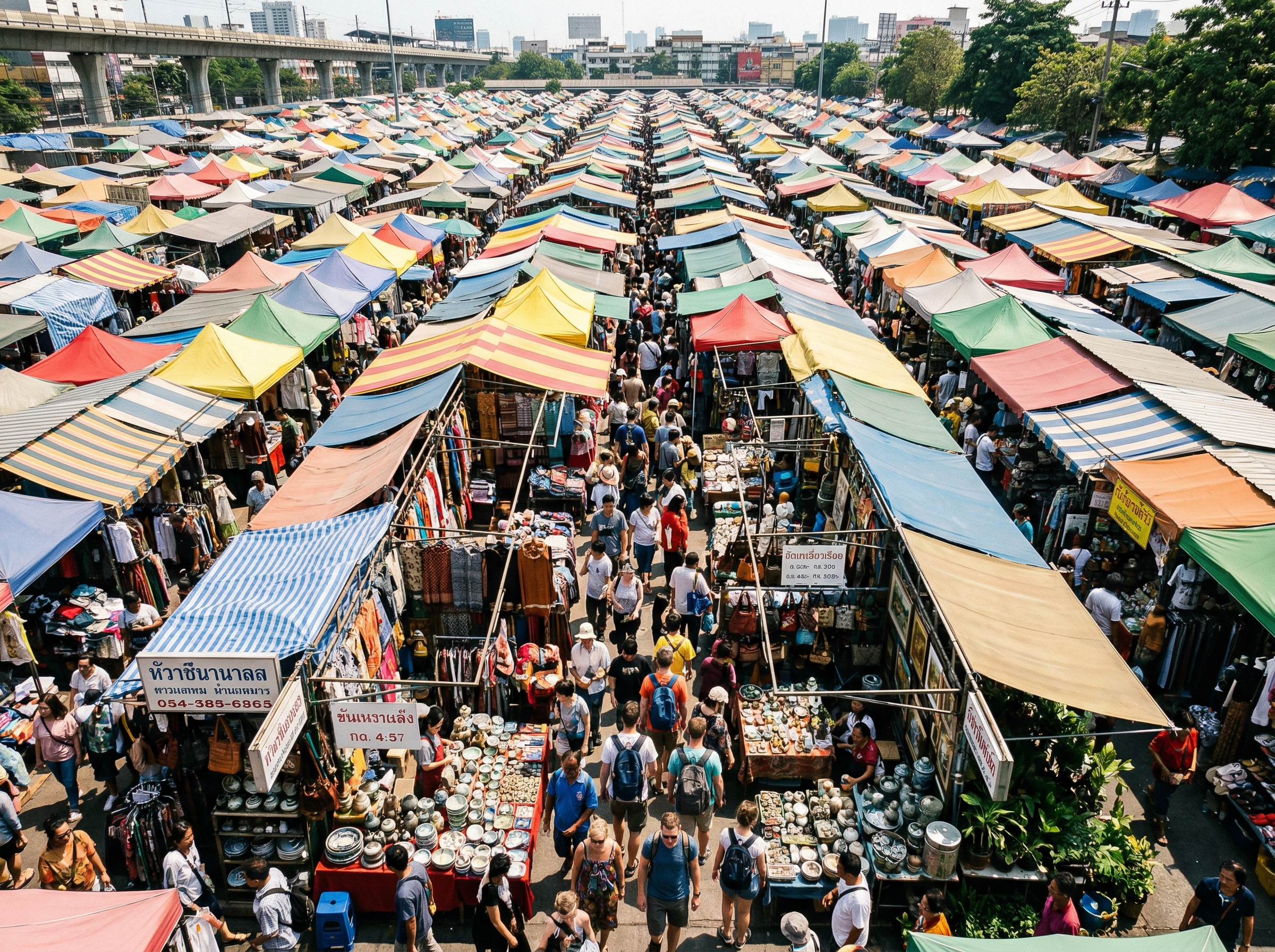 Aerial view of Chatuchak Weekend Market in Bangkok showing thousands of colourful stalls and shoppers