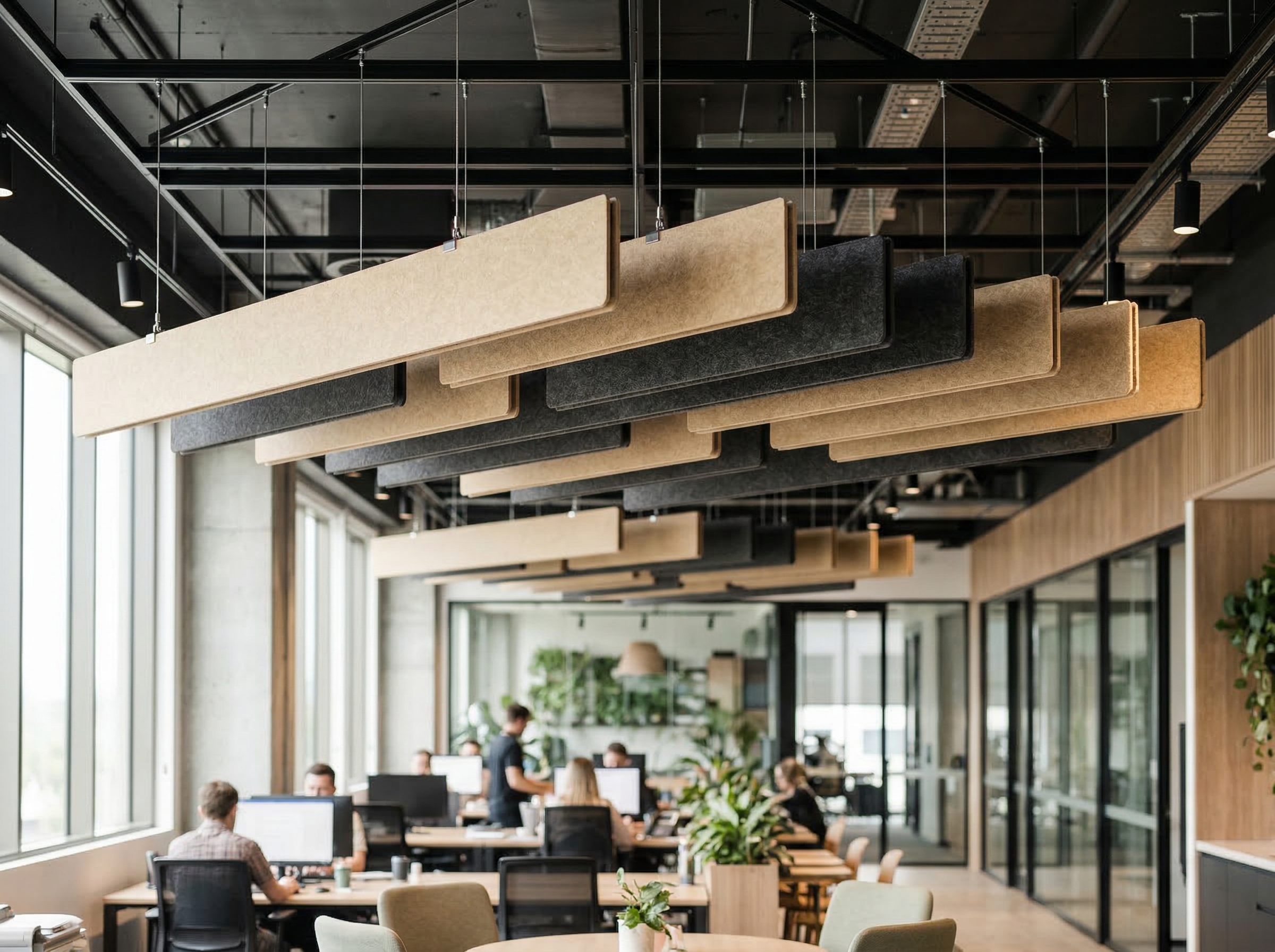 PanelHush PET Beam Baffles close-up showing alternating charcoal and sand coloured panels suspended in open-plan office