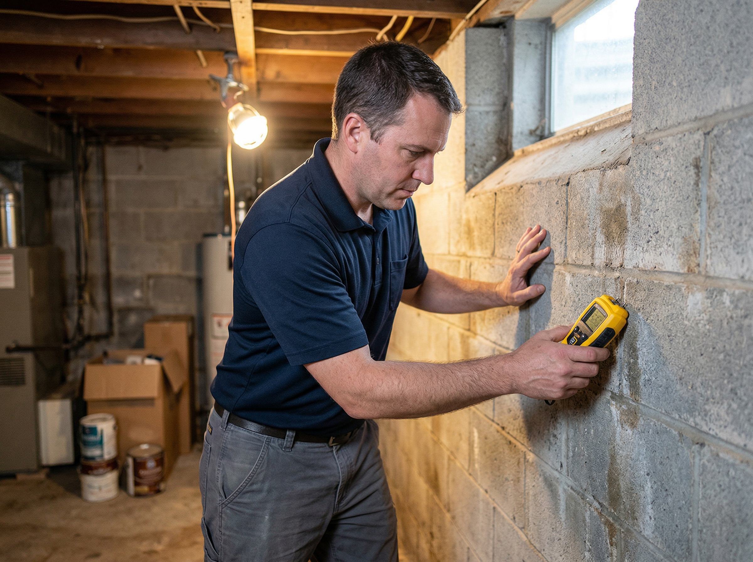 Professional mold inspector testing basement wall moisture levels