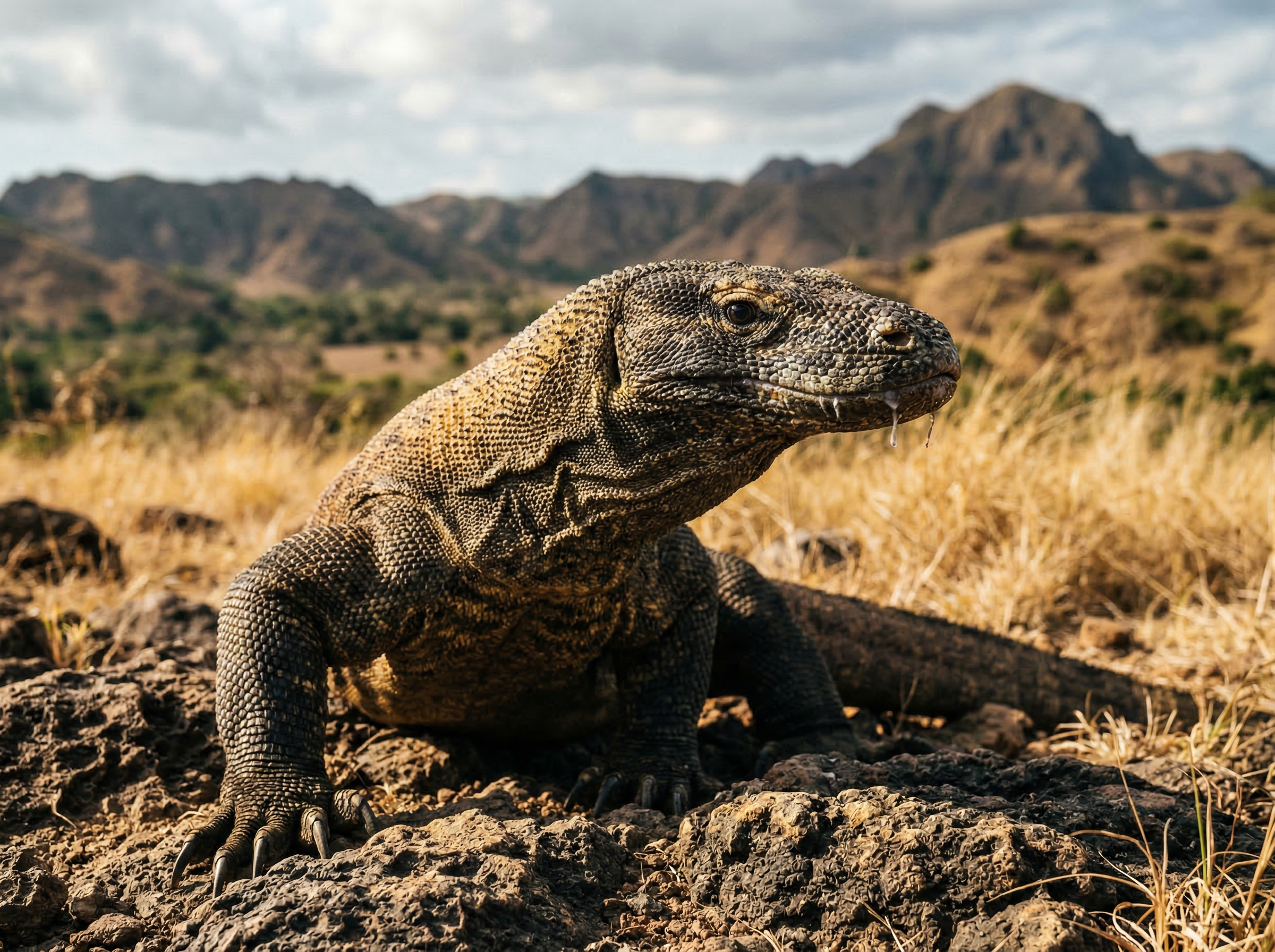 Komodo dragon on rocky terrain at Komodo Island, Indonesia — prehistoric wildlife encounter
