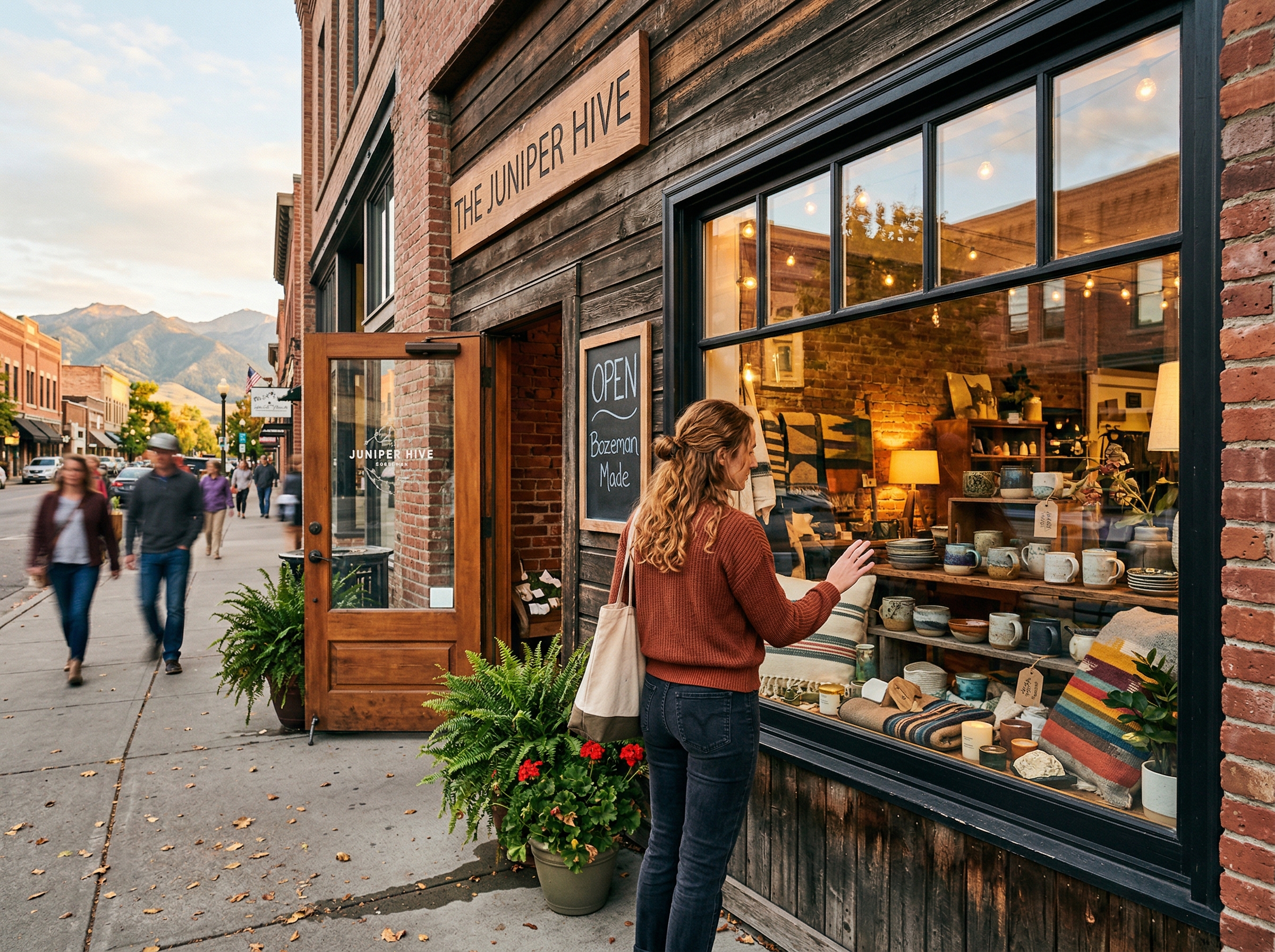Woman browsing boutique shop window on downtown Bozeman Main Street with mountain backdrop