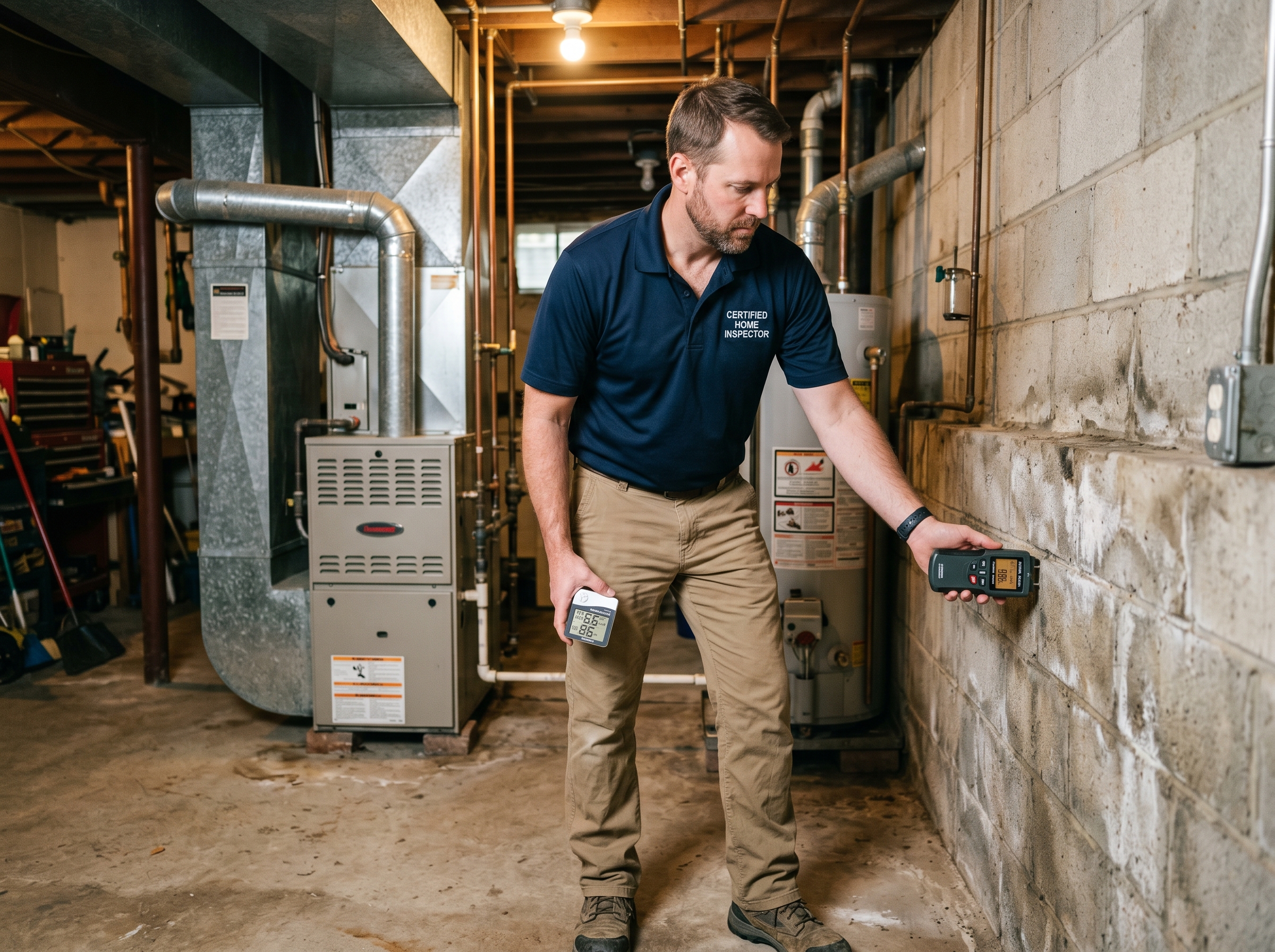 Certified home inspector using digital hygrometer and moisture meter in residential basement near HVAC system during humidity inspection in York PA