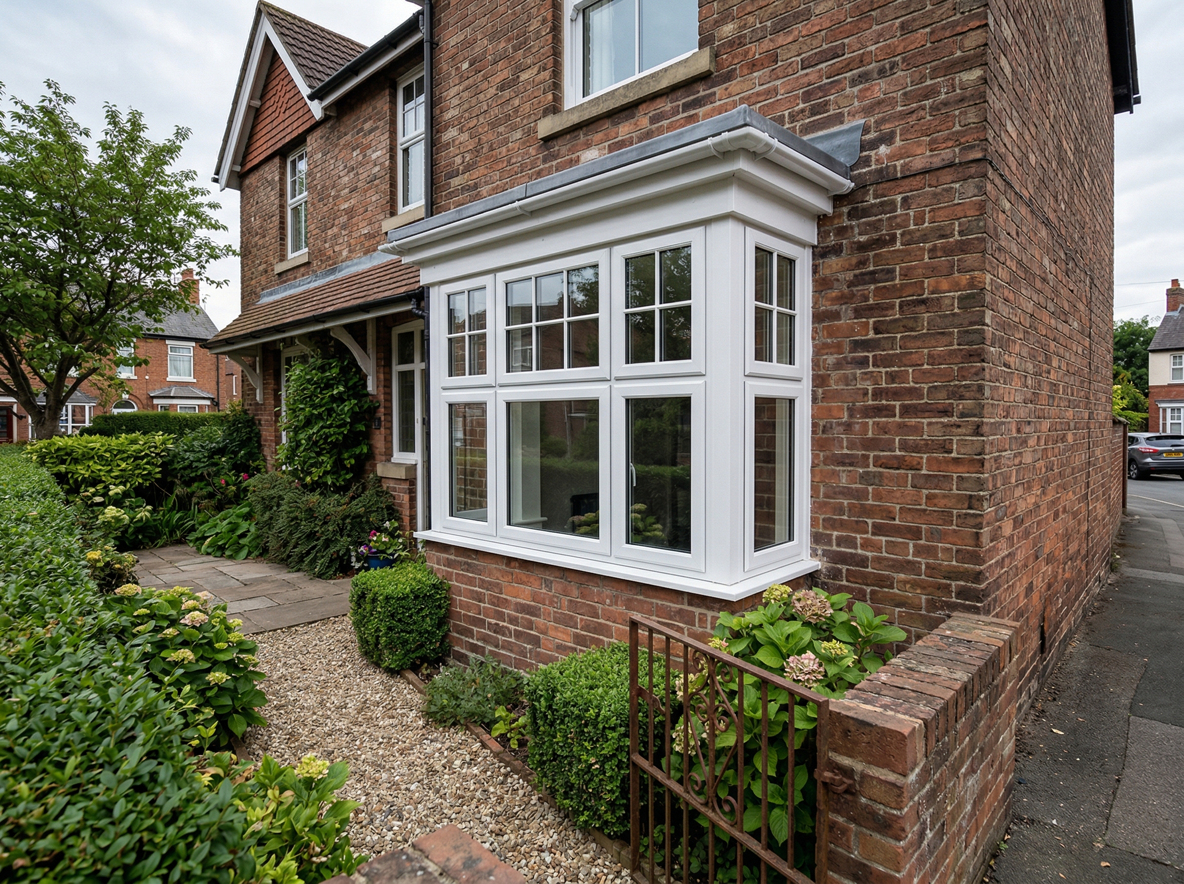 White uPVC bay window fitted on traditional brick house exterior