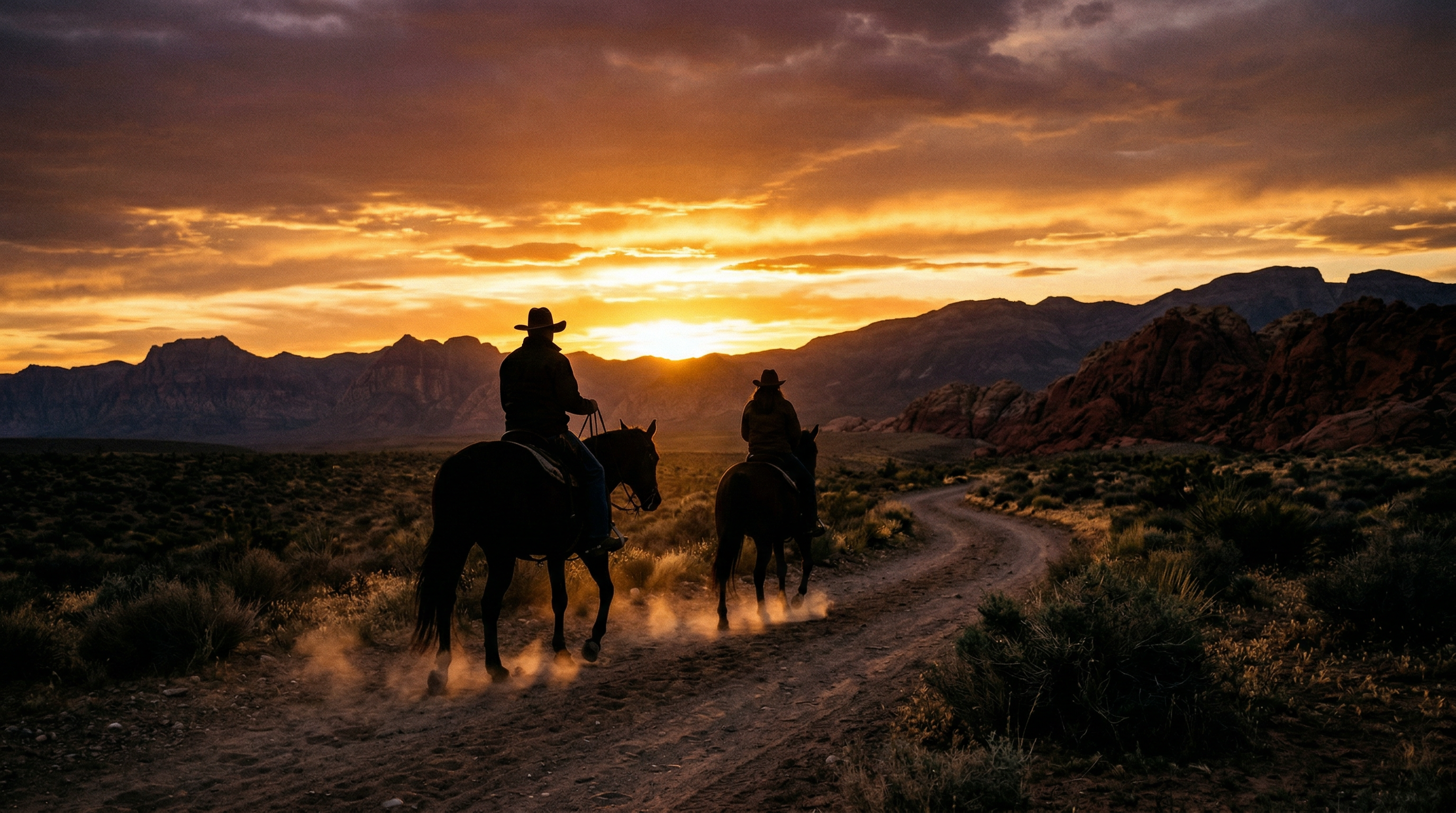 Two riders on horseback silhouetted against a dramatic Nevada desert sunset with red rock formations