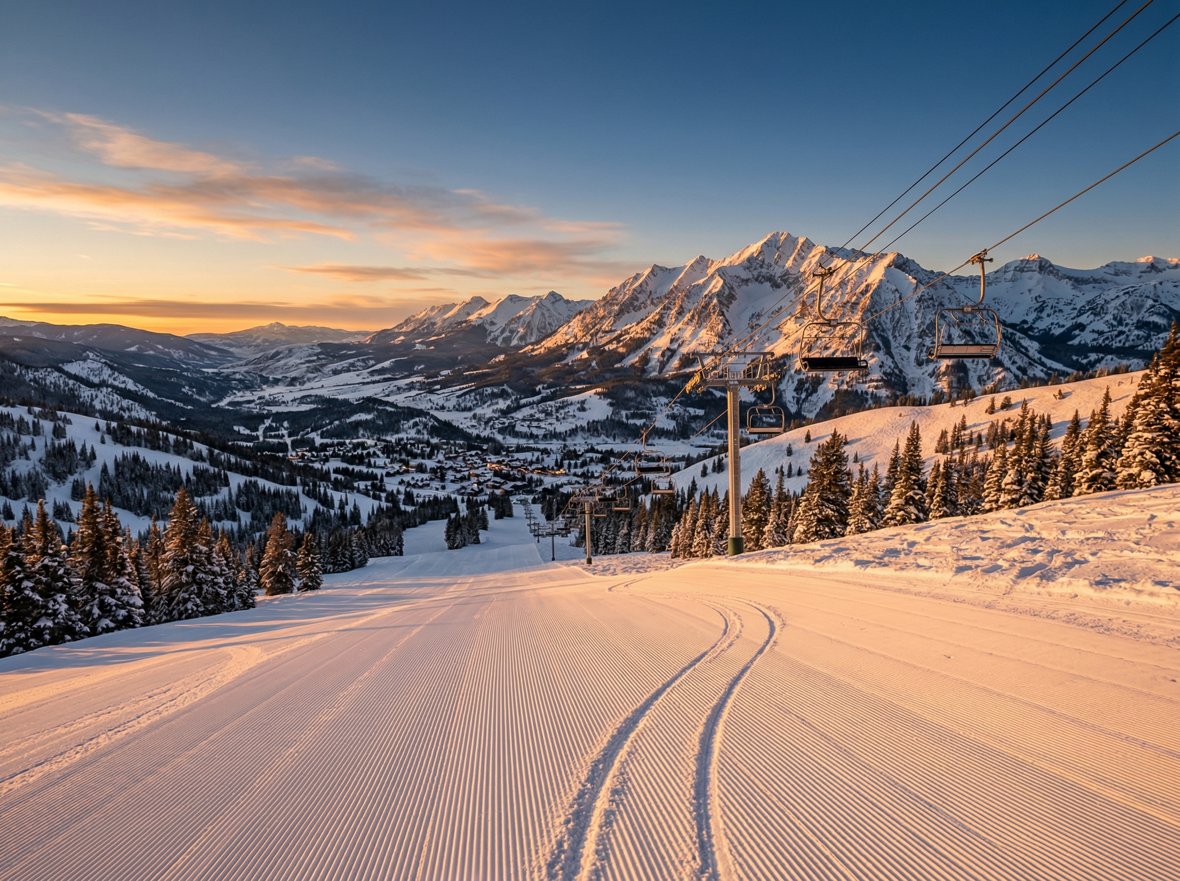Montana mountain ski slope at golden hour with groomed snow and chairlift overlooking a valley