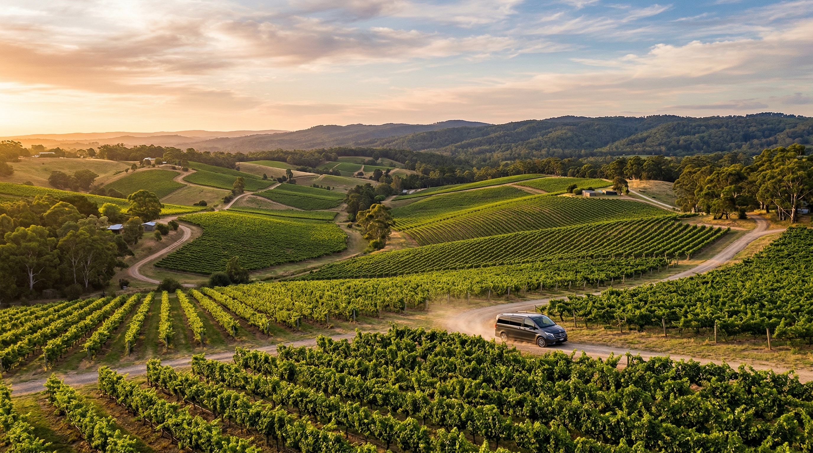 Aerial view of Adelaide Hills vineyard with chauffeured vehicle at golden hour
