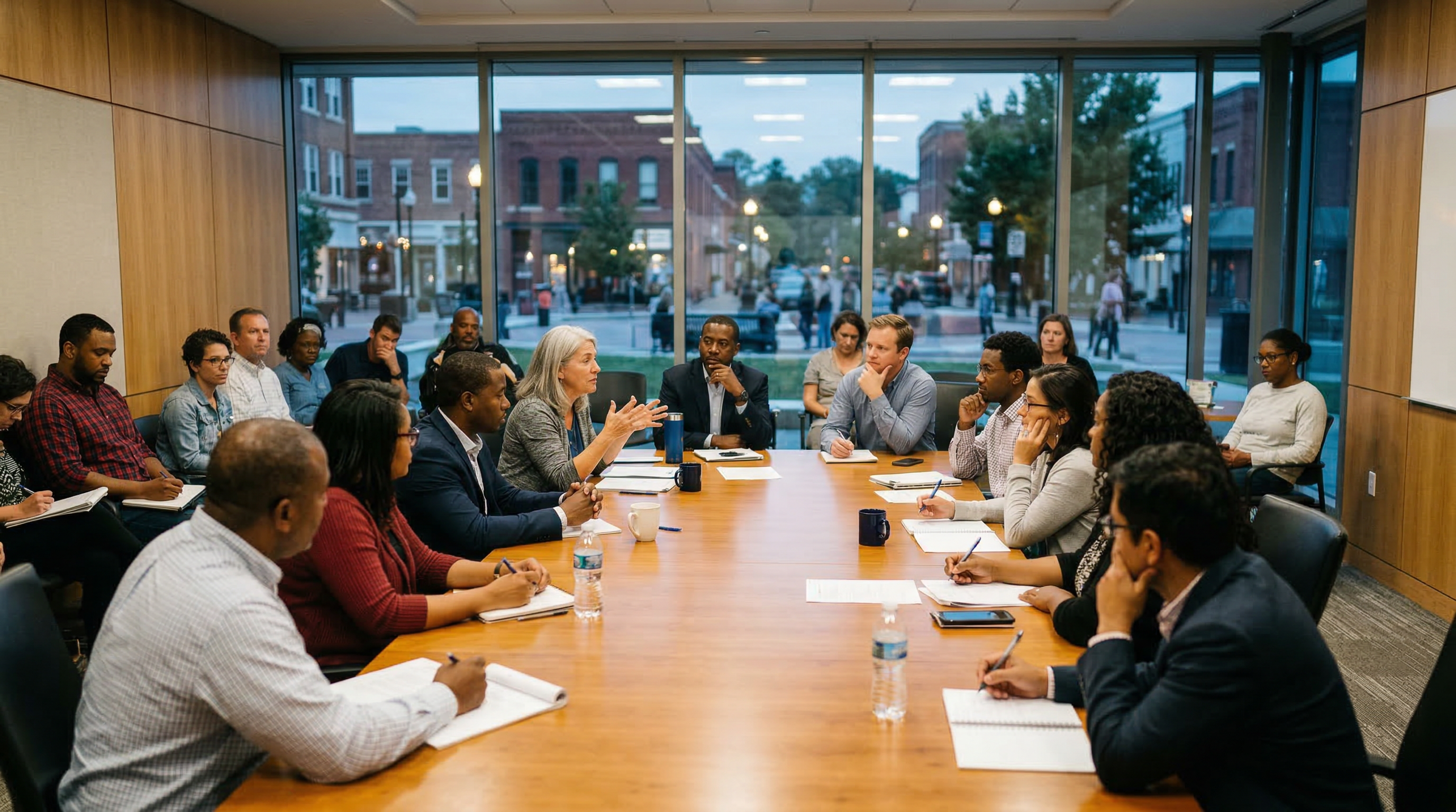 Diverse group of Americans engaged in civic discussion