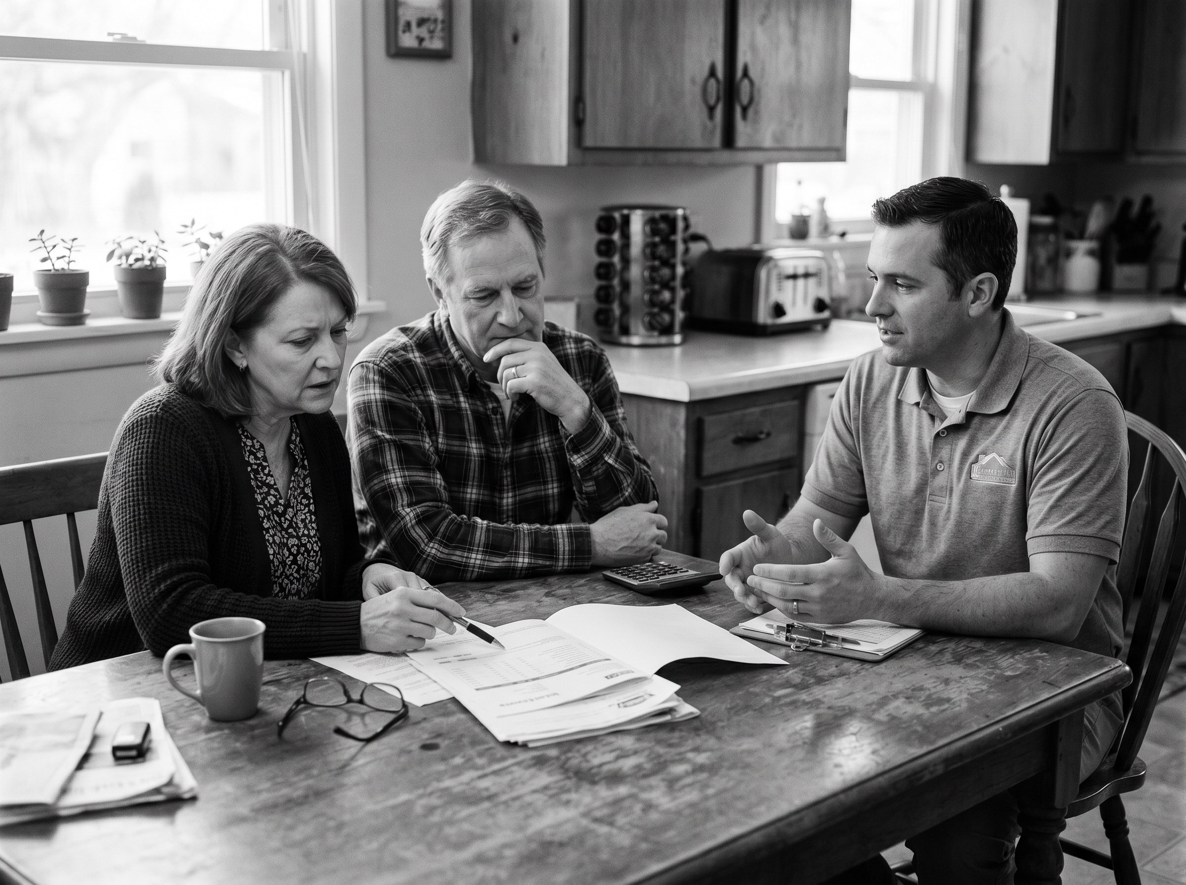 Homeowner couple looking concerned as contractor presents paperwork at kitchen table during a free mold inspection sales visit