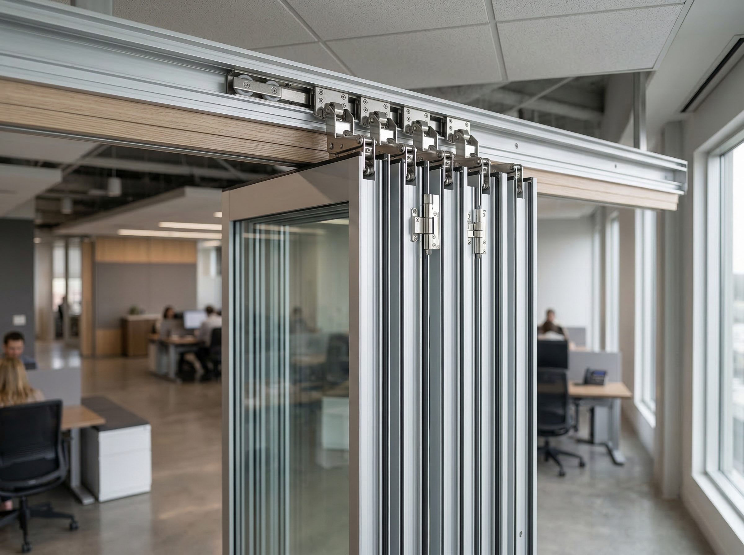 Close-up of MG500 flush glazed sliding folding partition hardware and track system