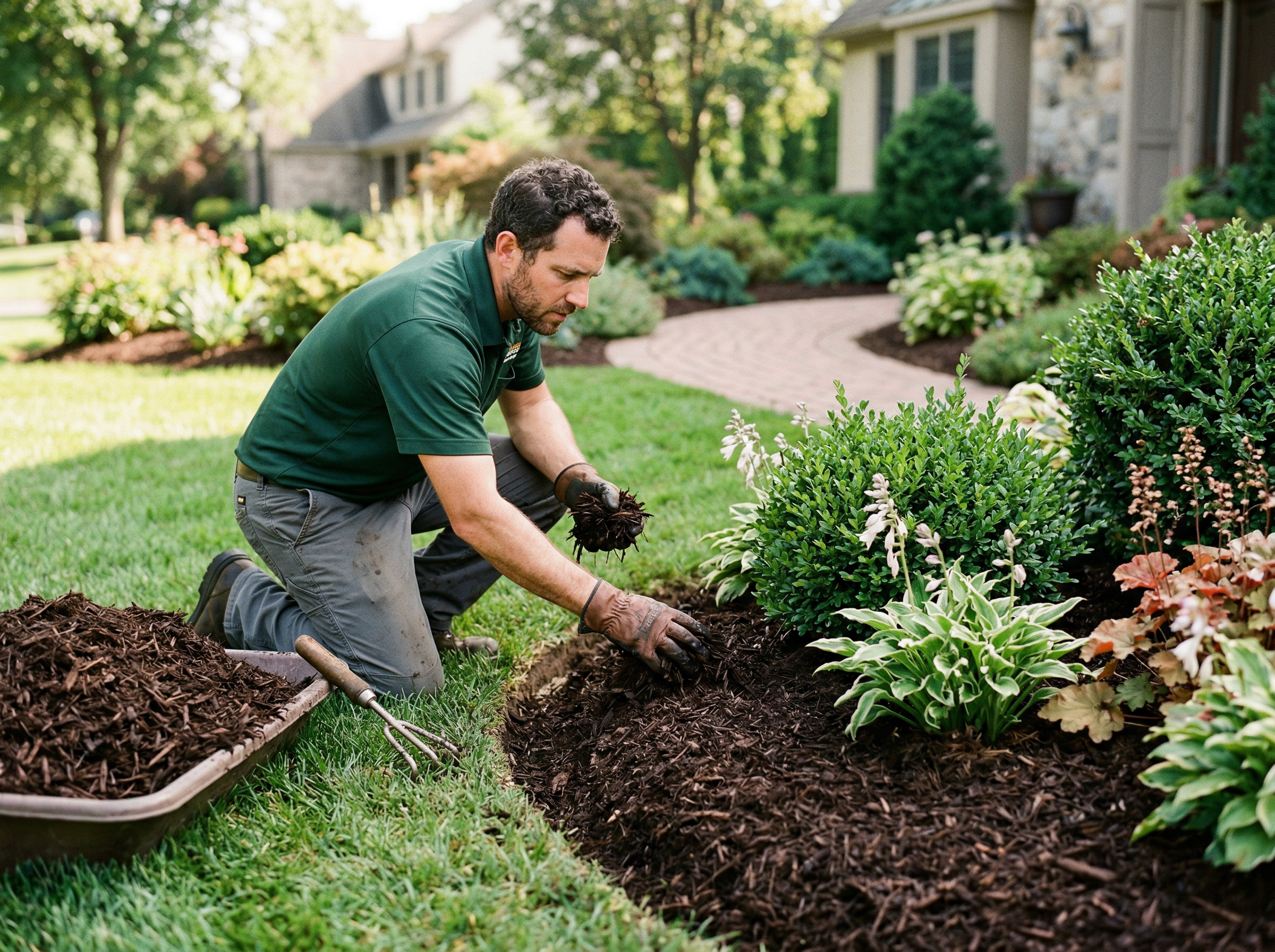 Professional landscaper applying mulch to a garden bed with gloved hands