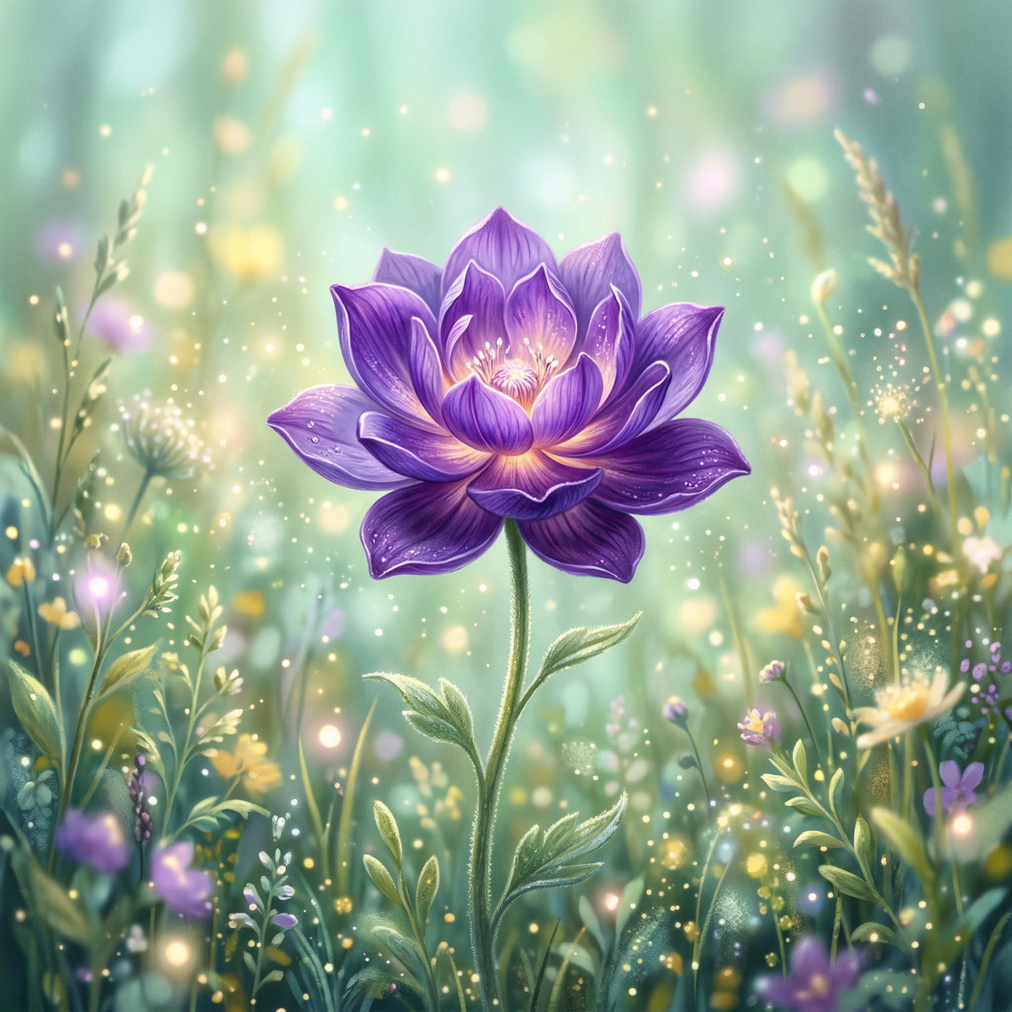 Glowing purple flower representing meditation completion