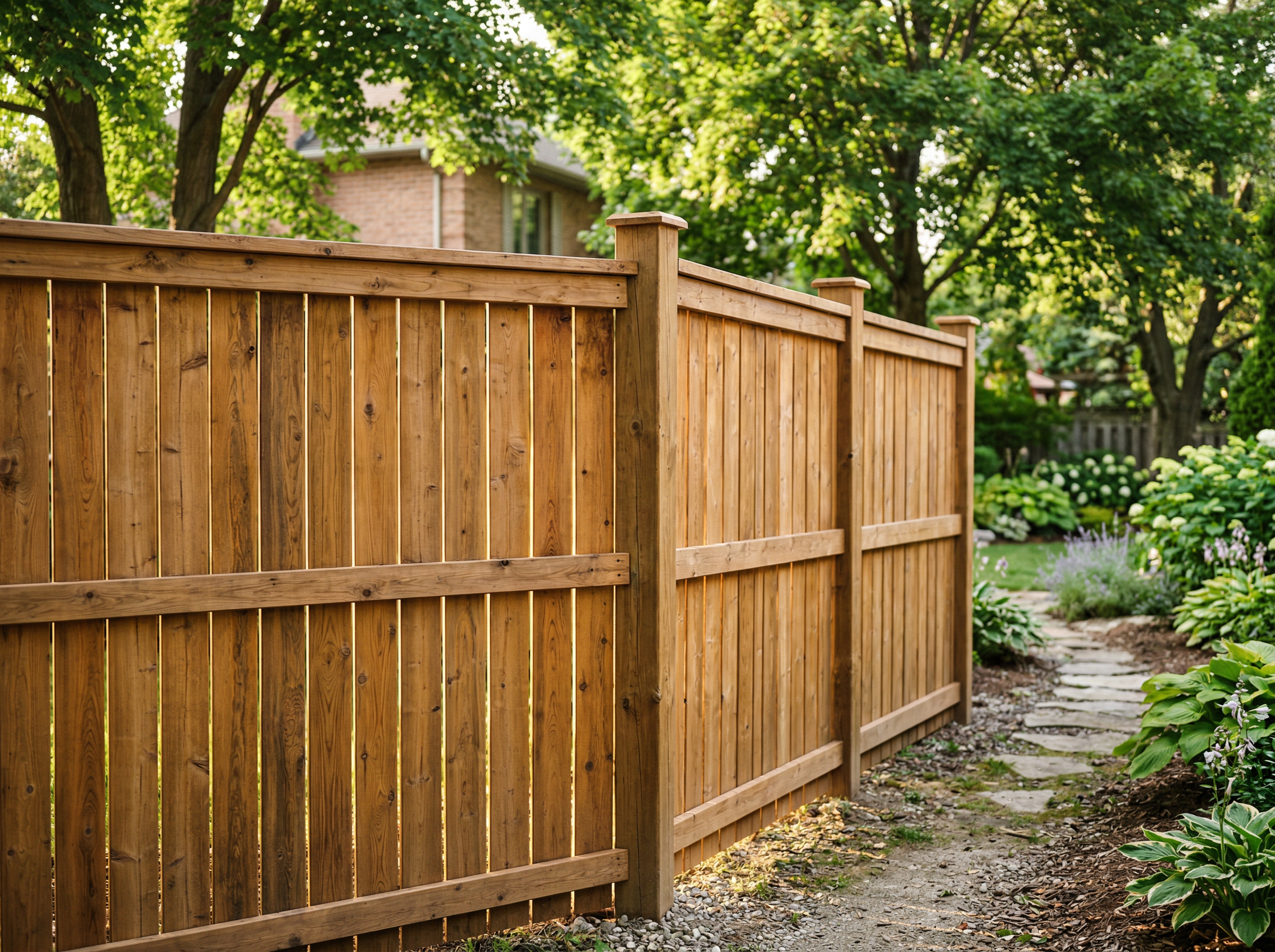 Cedar wood privacy fence panels in a residential backyard in London Ontario