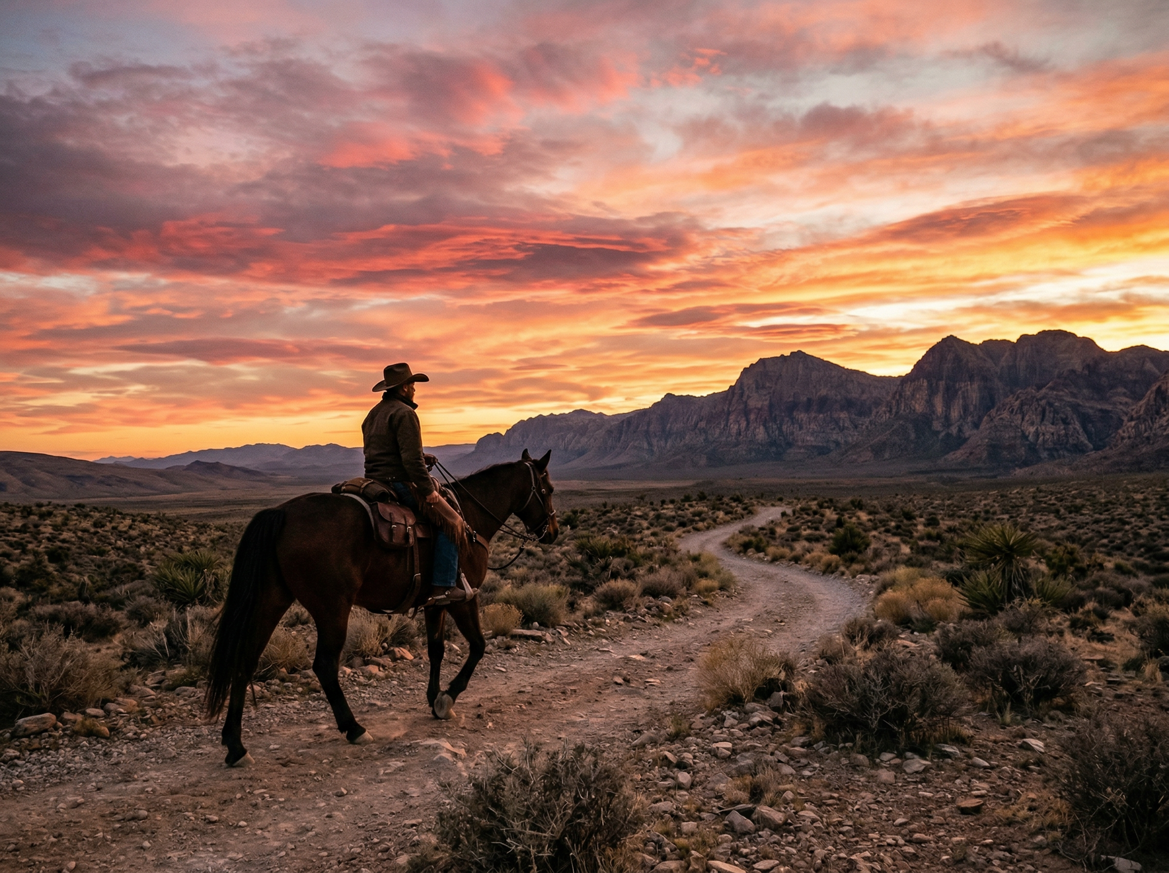 Cowboy on horse at sunset with mountain backdrop near Las Vegas
