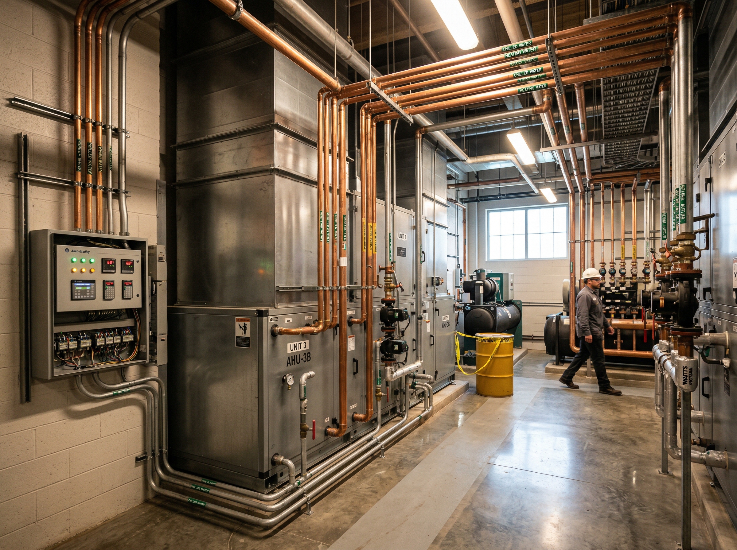 Commercial building mechanical room with organized HVAC equipment, copper piping, and control panels