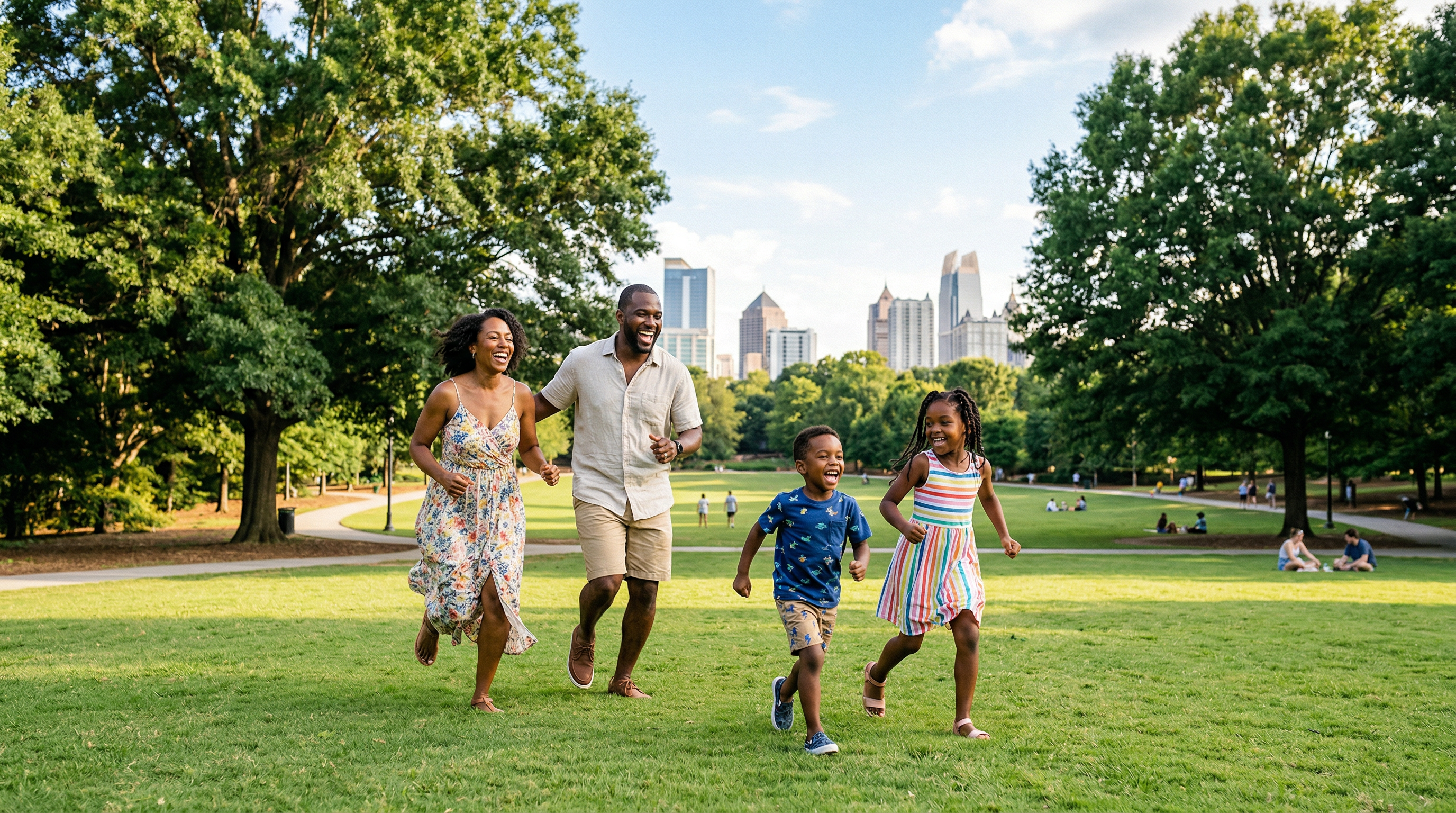 Happy family running and playing together at Piedmont Park in Atlanta with the city skyline in the background