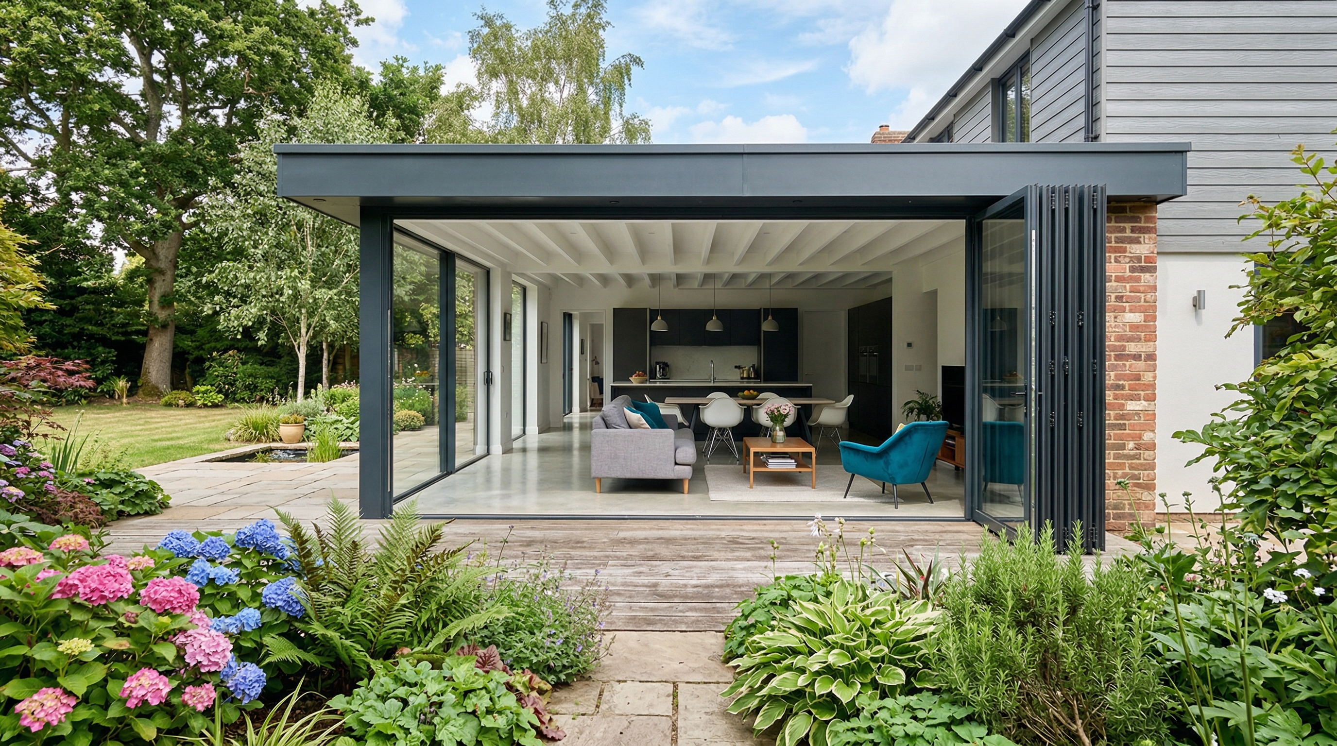 Modern aluminium bi-folding doors open to a lush garden