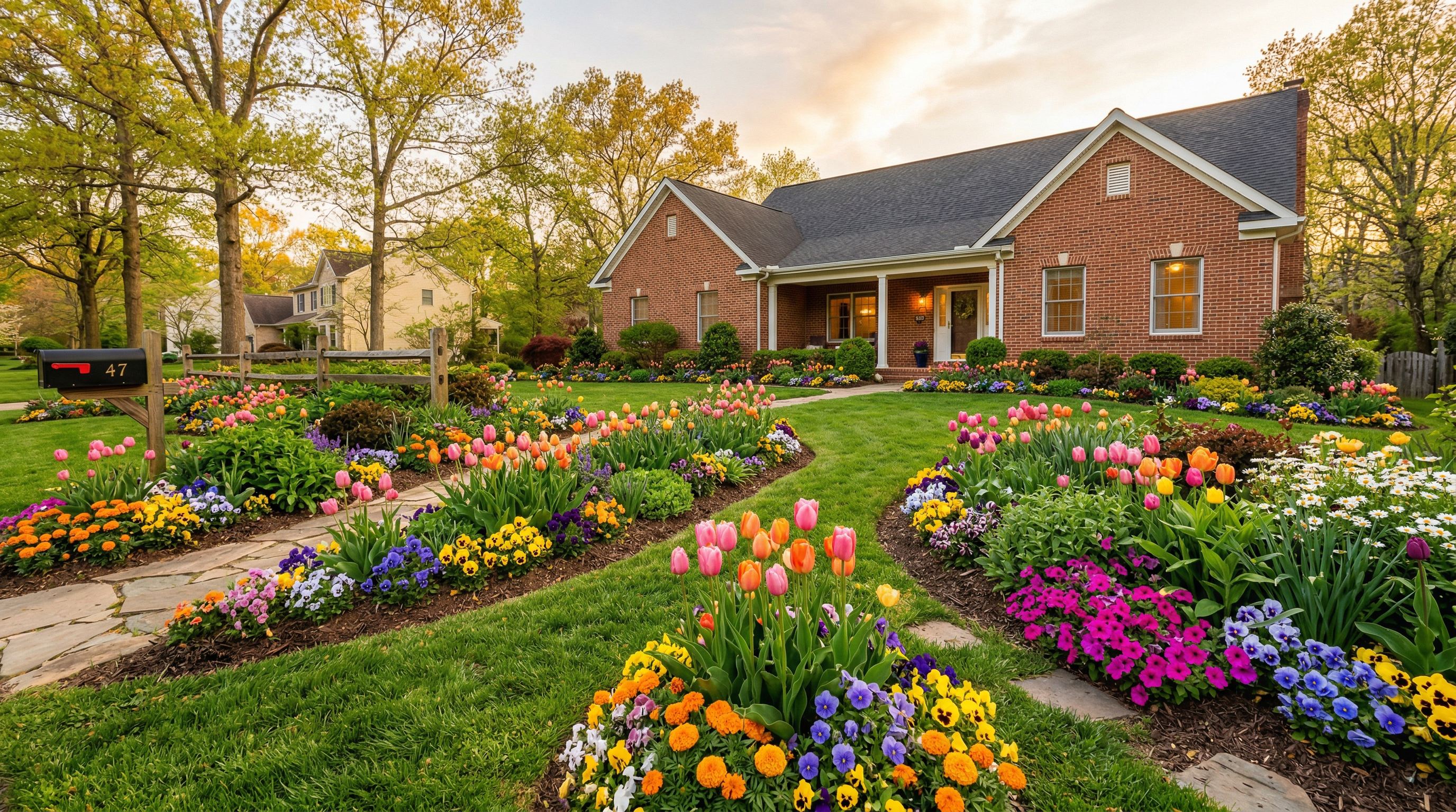 Vibrant seasonal flower garden with colorful tulips and annuals at a residential property in Marlton NJ