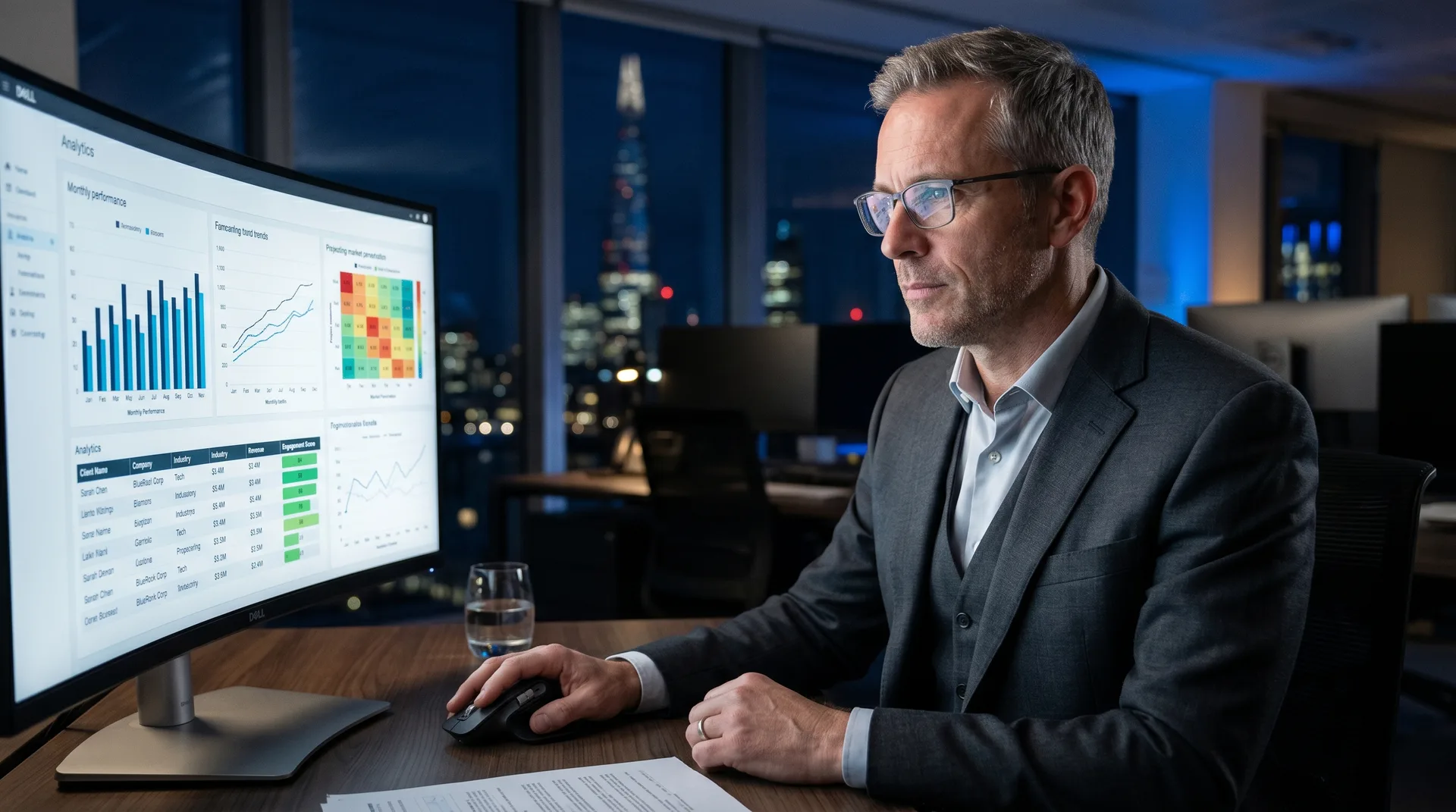 Executive reviewing accurate B2B contact data and analytics on a monitor