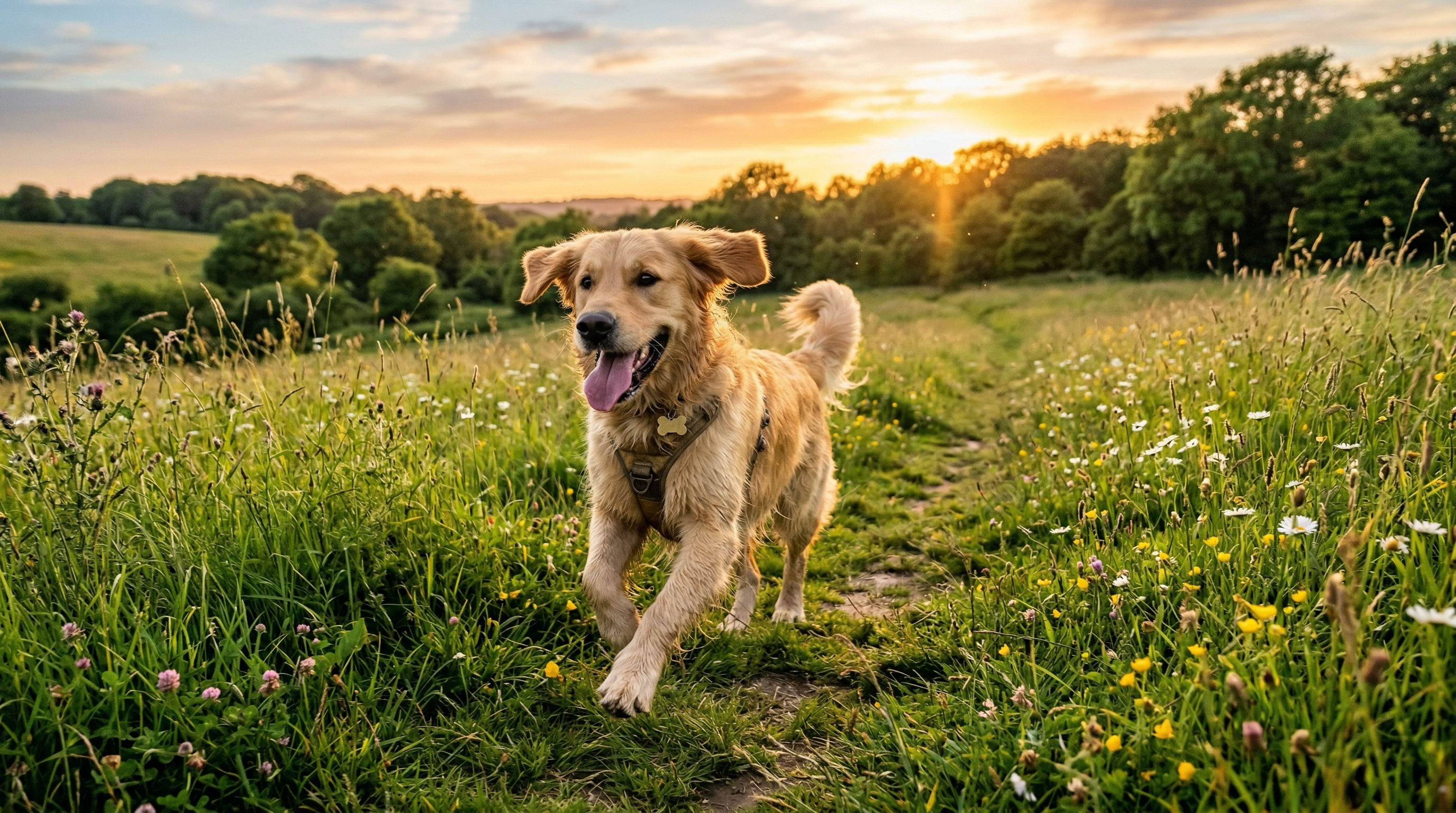 Glücklicher Hund auf einer grünen Wiese beim Sonnenuntergang