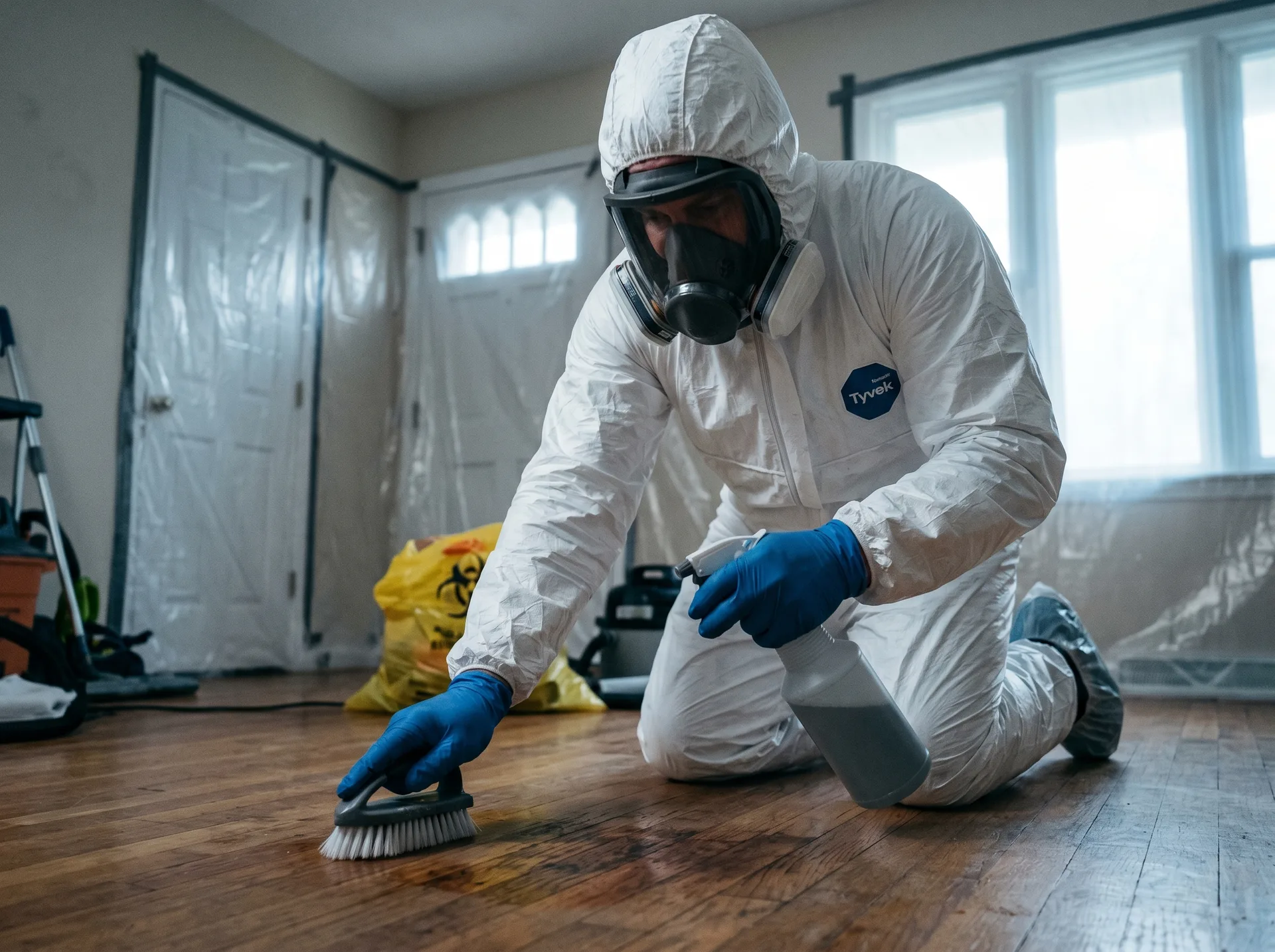 Professional biohazard cleanup technician in PPE performing remediation