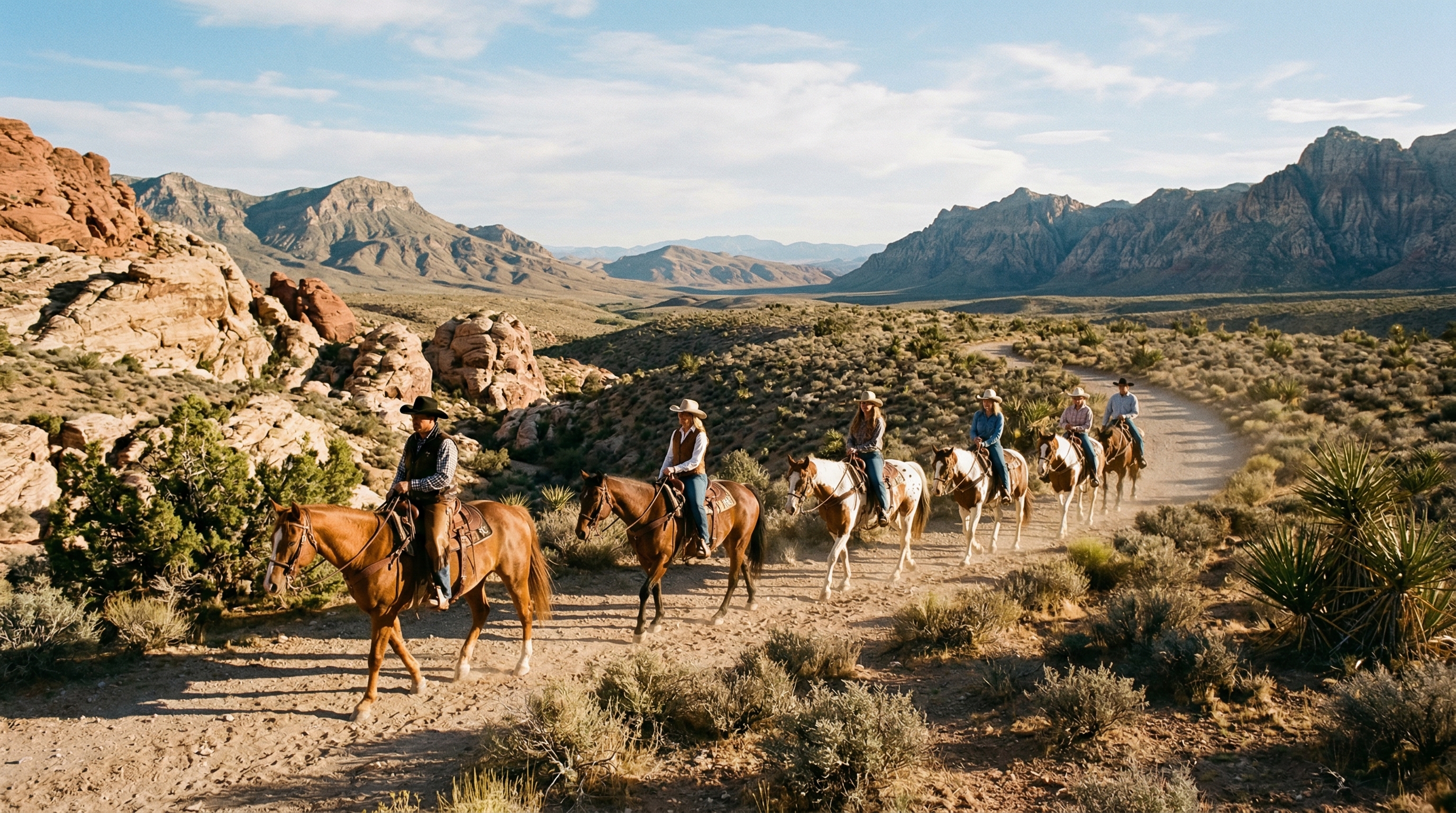 Group of riders on horseback traversing Nevada desert trail near Las Vegas