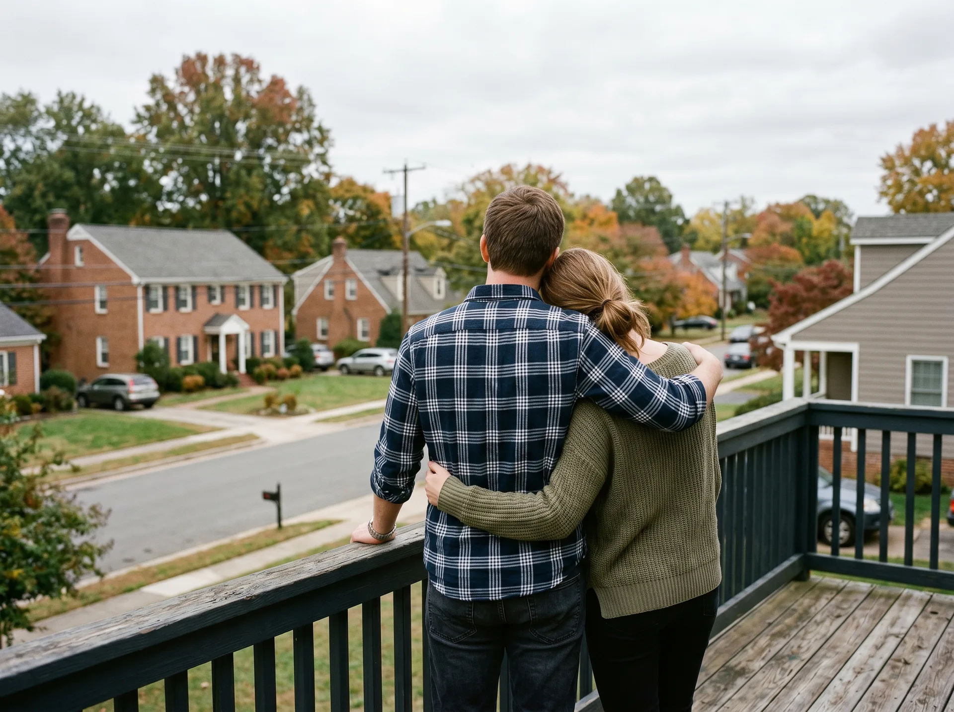 Two family members supporting each other after a loss in a Virginia Beach neighborhood