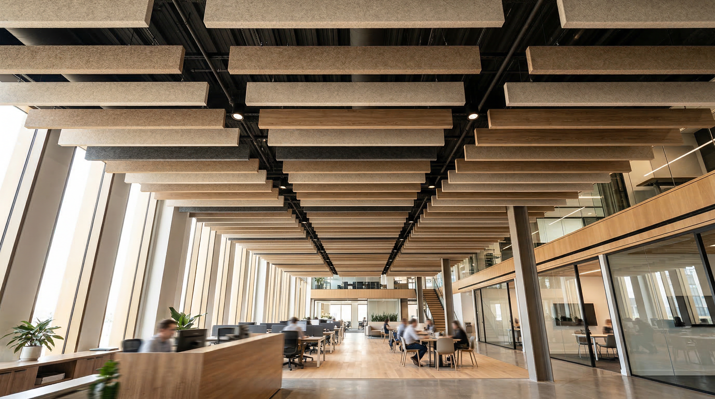 PanelHush PET Beam Baffles installed in a modern open-plan office ceiling