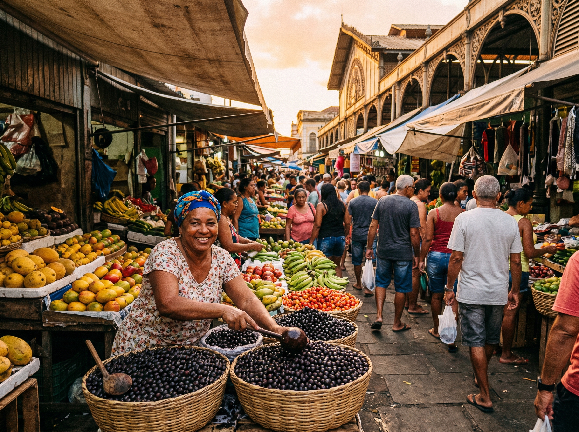 A smiling vendor at the Ver-o-Peso market in Belem, Brazil, selling baskets of dark acai berries surrounded by tropical fruits