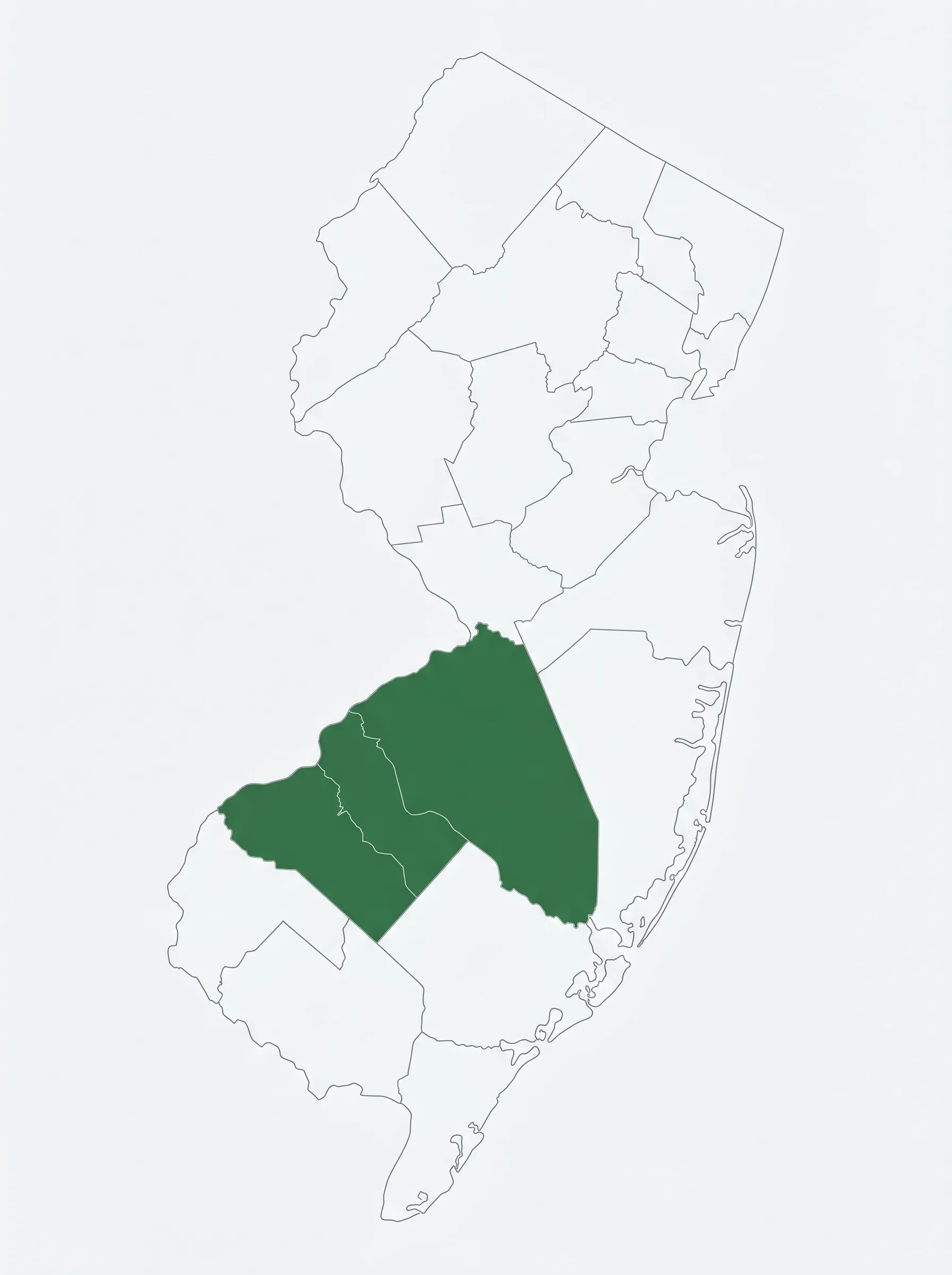 Map of New Jersey with Burlington, Camden and Gloucester Counties highlighted in green