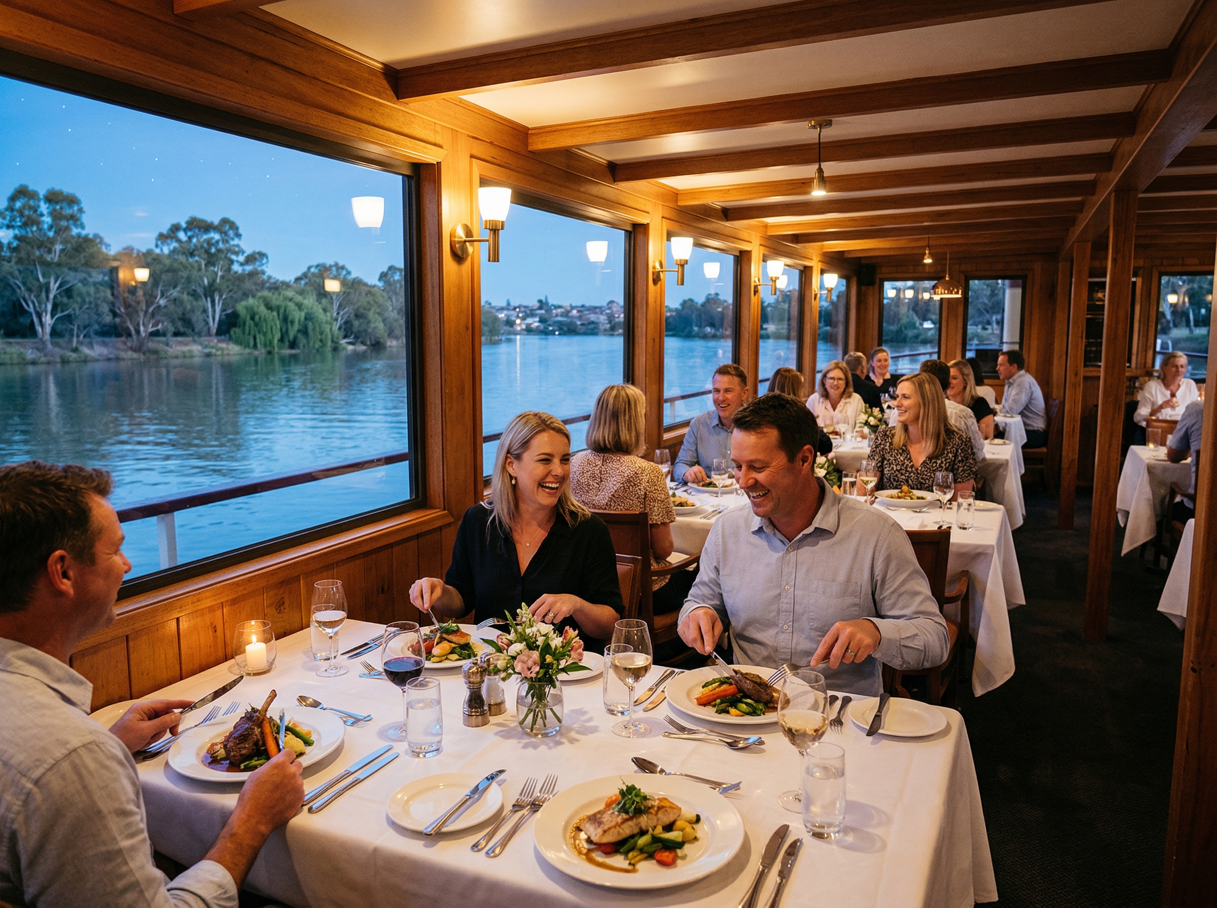 Guests enjoying a 2-course meal in the interior dining room of the Maxine K paddle boat