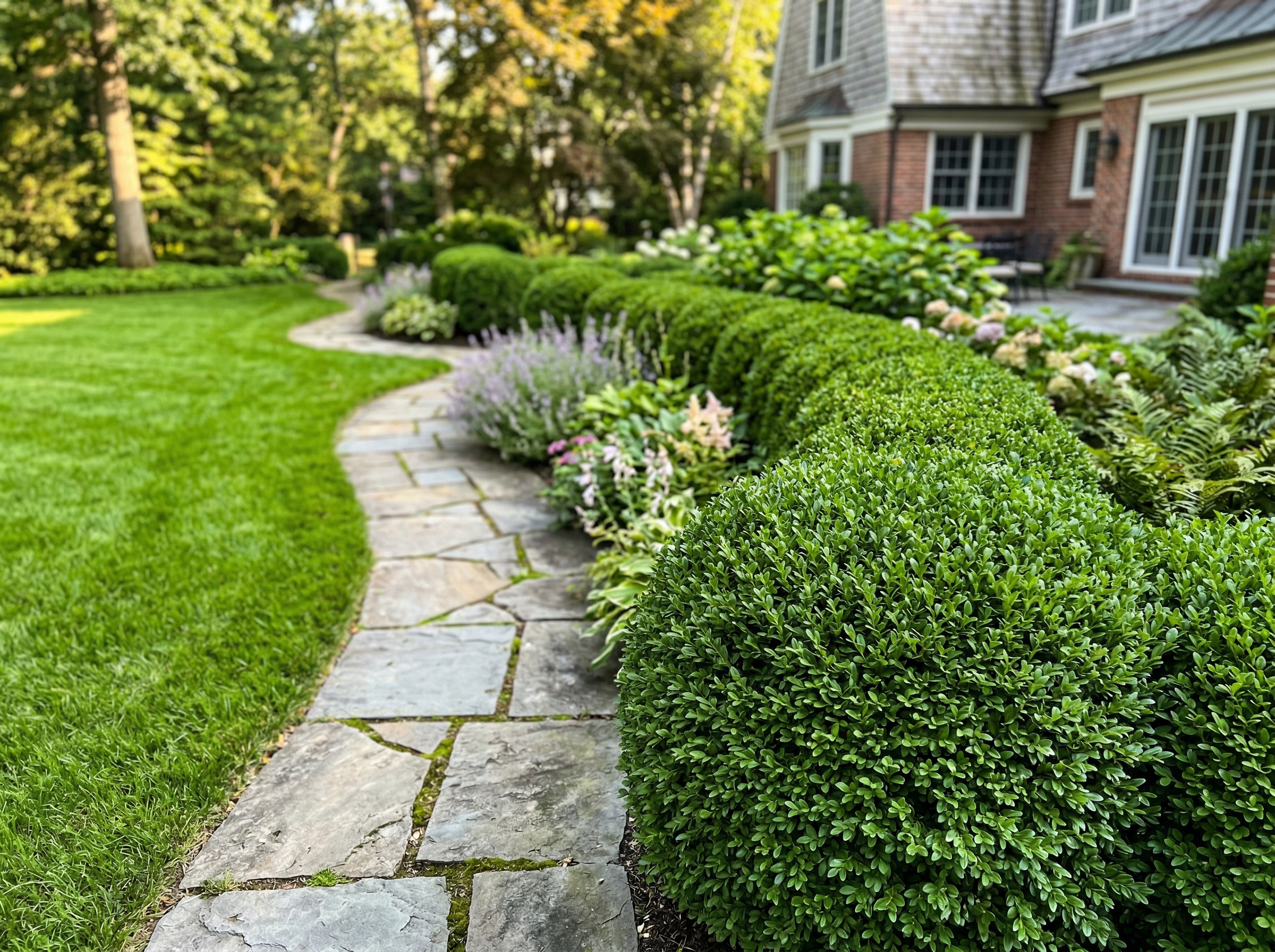 Perfectly trimmed ornamental shrubs along a garden path