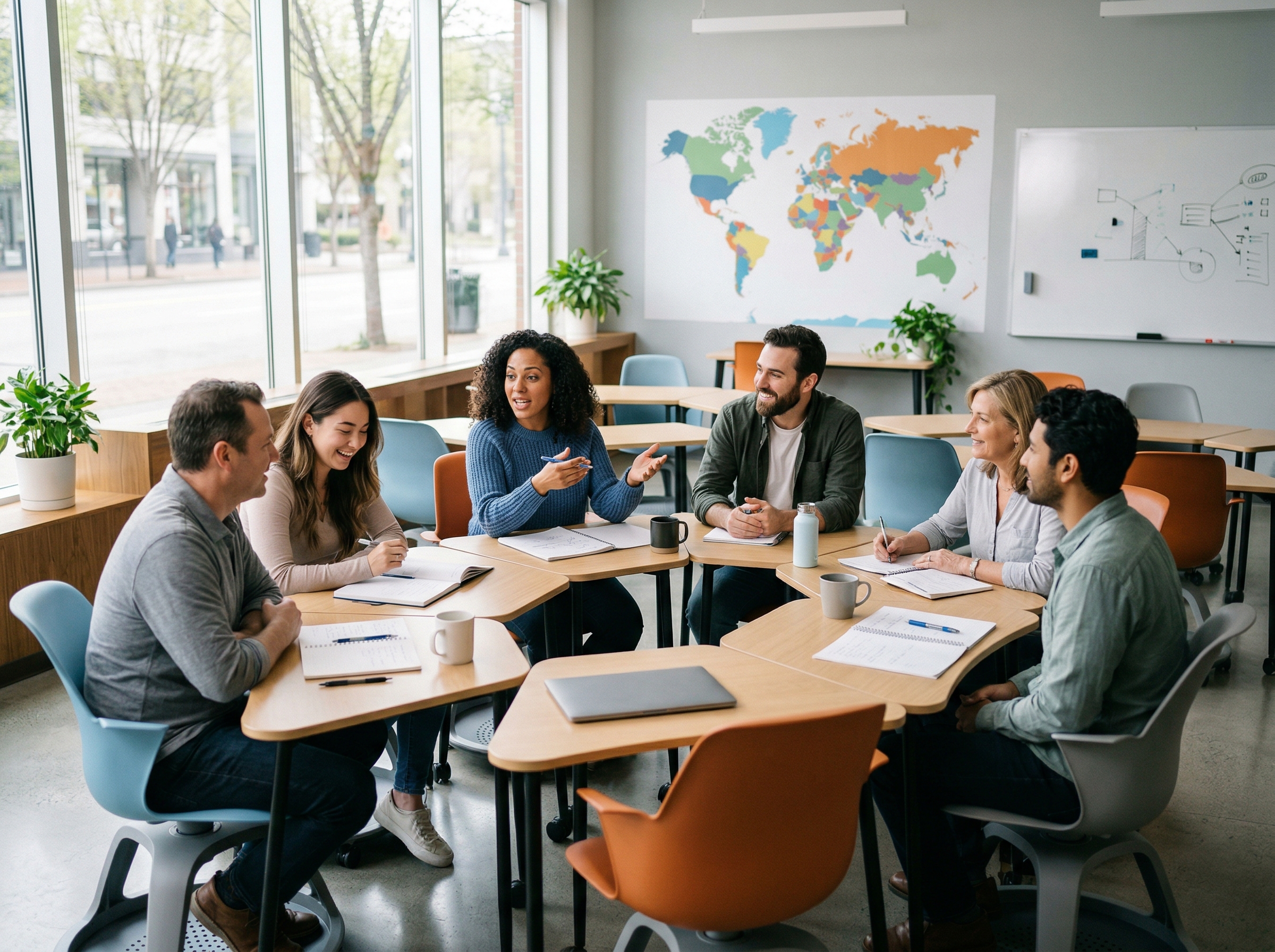 Diverse students engaged in language learning at a modern classroom table