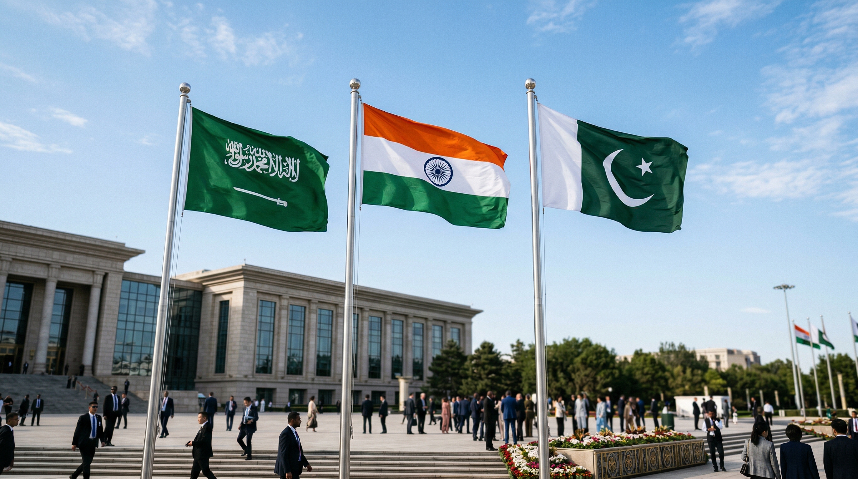Saudi Arabia, India, and Pakistan flags at a diplomatic summit
