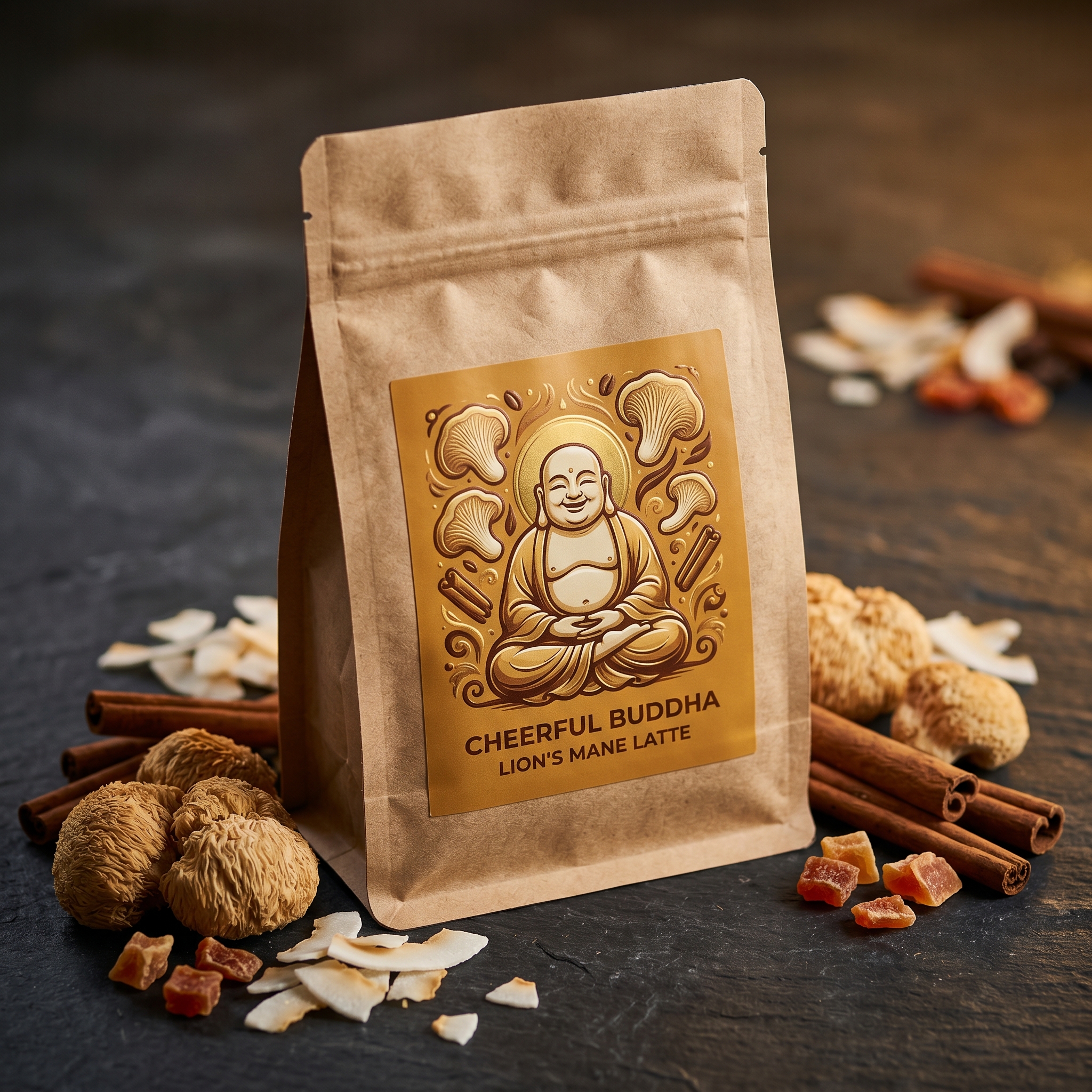 Cheerful Buddha Lion's Mane Latte pouch with lion's mane mushrooms, cinnamon sticks, and coconut flakes on dark slate
