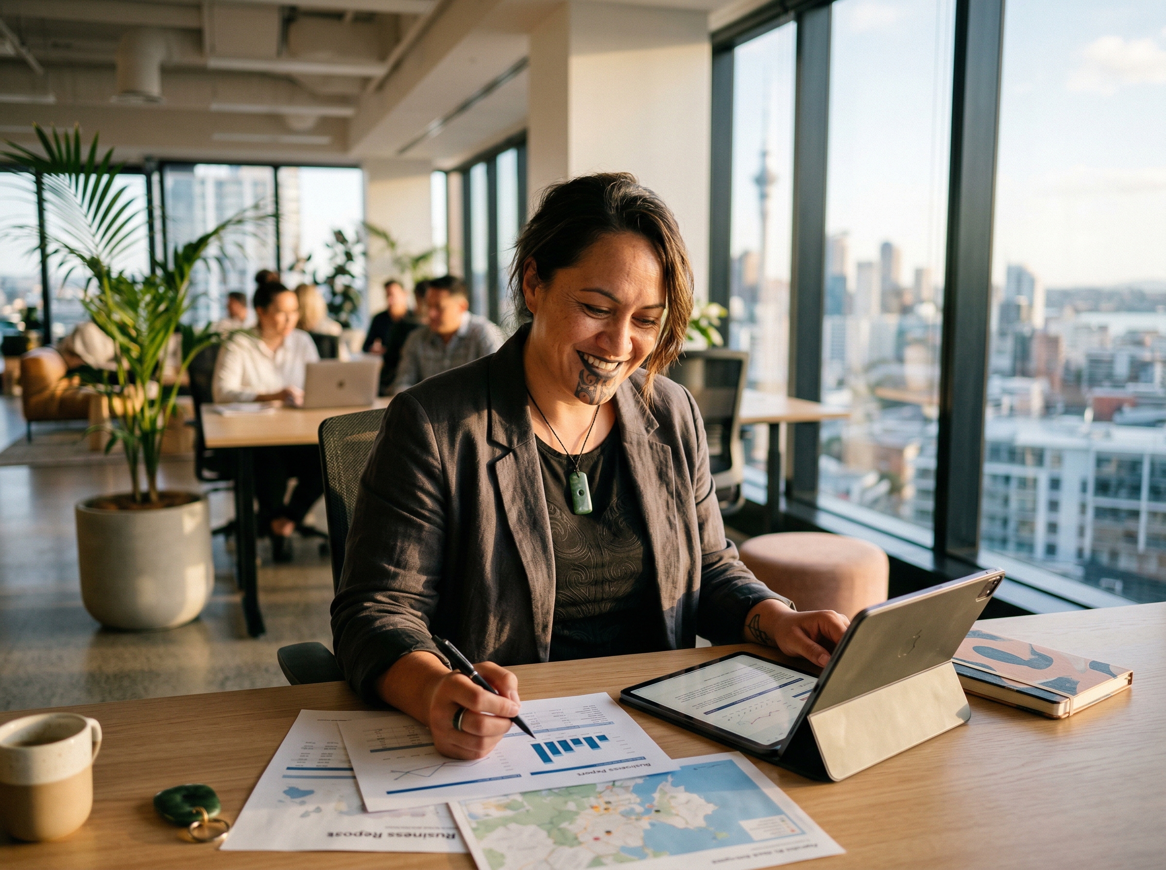 Maori woman entrepreneur working confidently with business documents in a modern New Zealand office