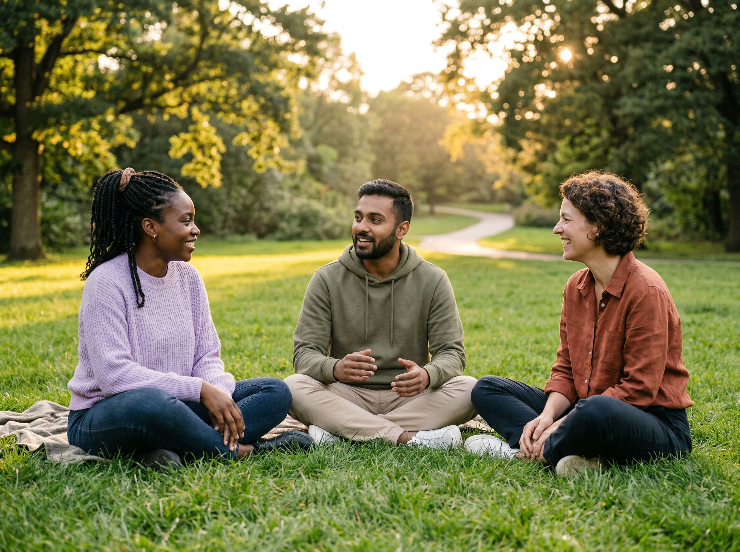 Three people sitting together in a park, smiling and sharing a supportive conversation
