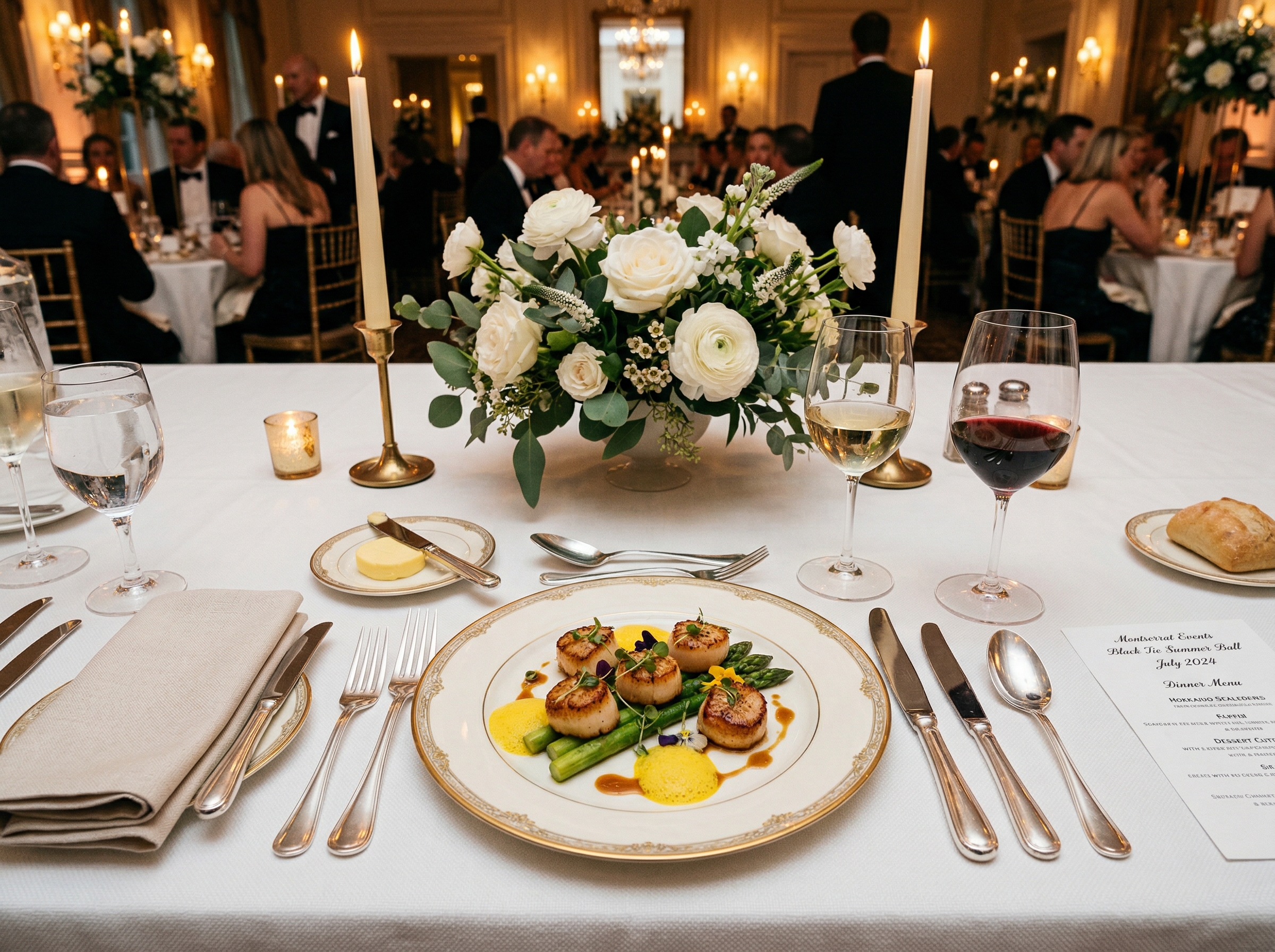 Elegant fine dining table setting with white roses and crystal glassware