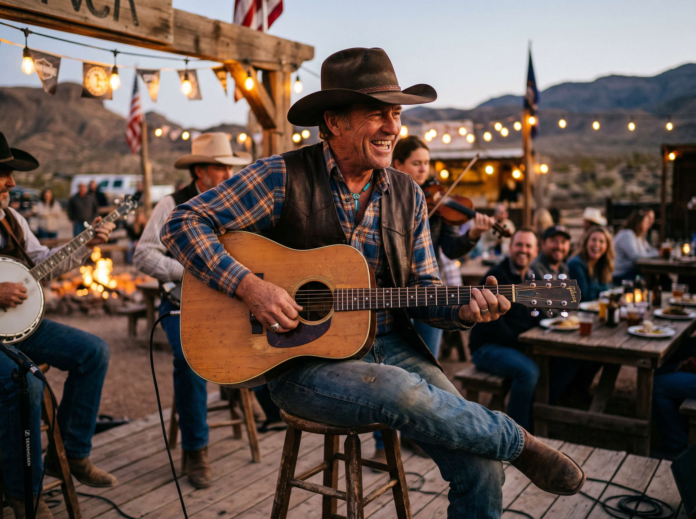 Live western cowboy entertainment at chuck wagon show with guitar and campfire