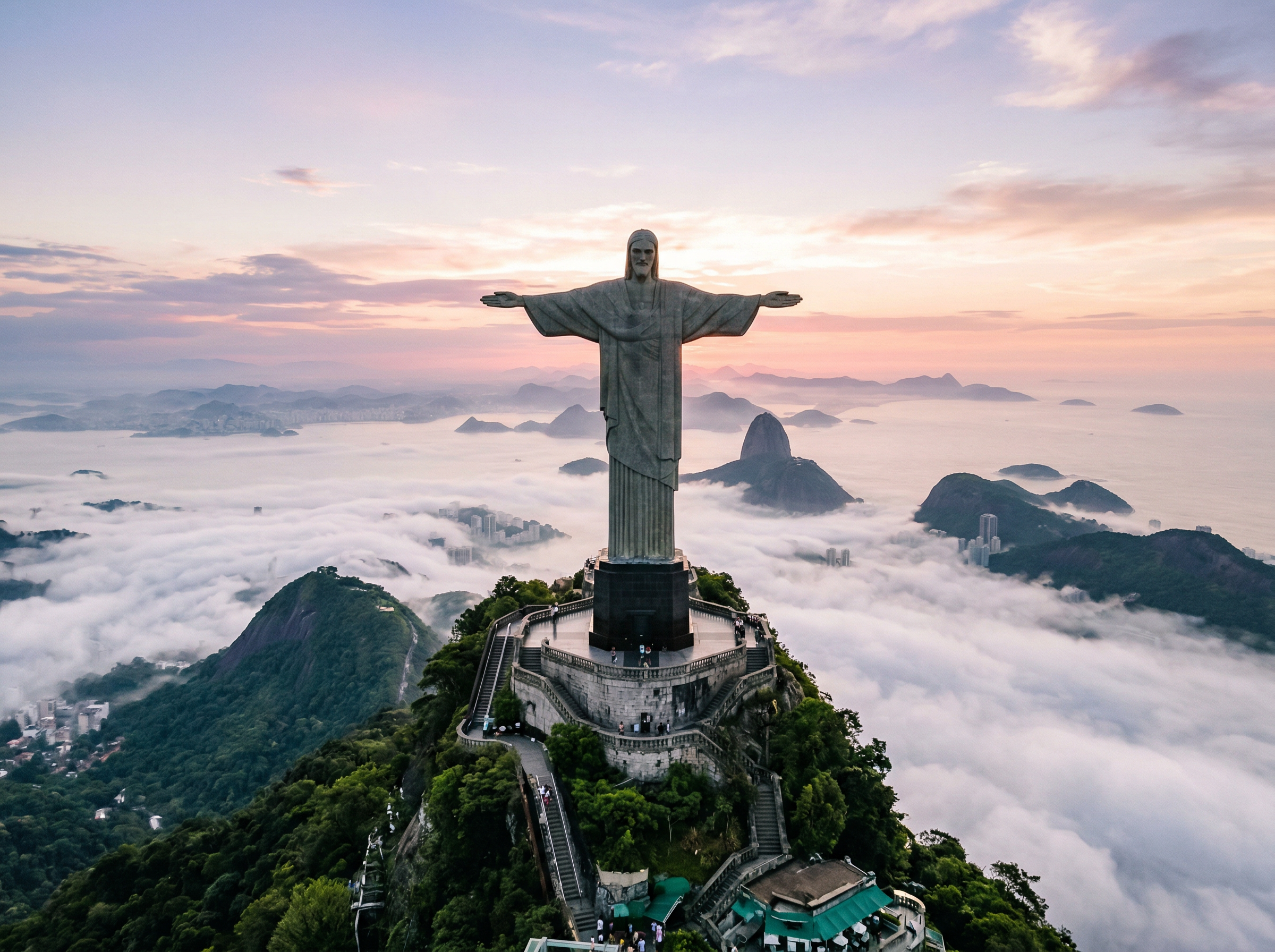 Christ the Redeemer statue at dawn above morning clouds with Rio de Janeiro city spread below