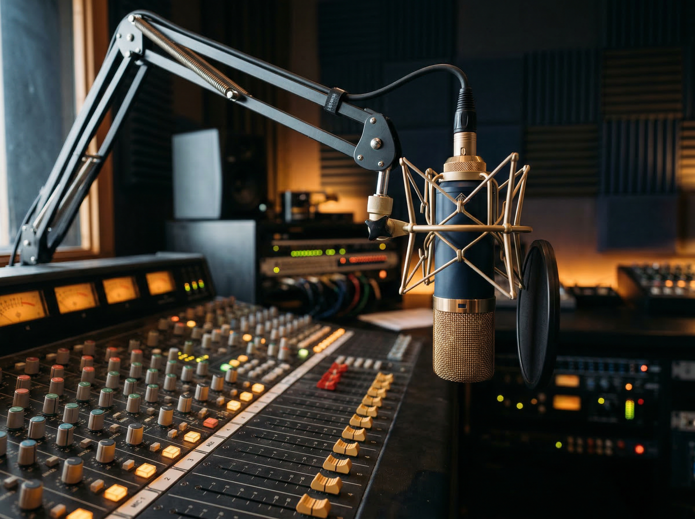 Professional broadcast studio with microphone and mixing board