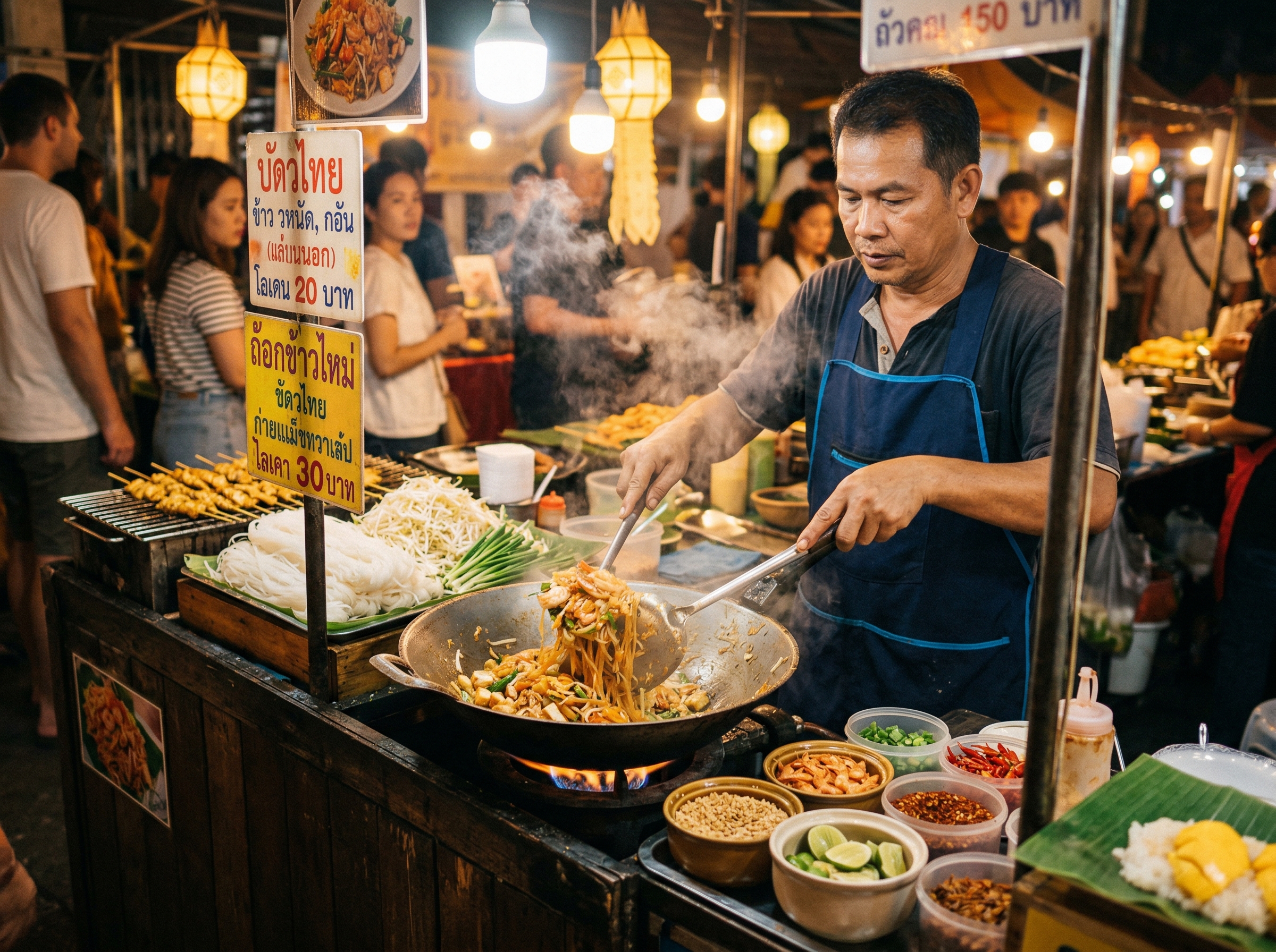 Thai street food vendor cooking pad thai in a wok at a night market in Chiang Mai