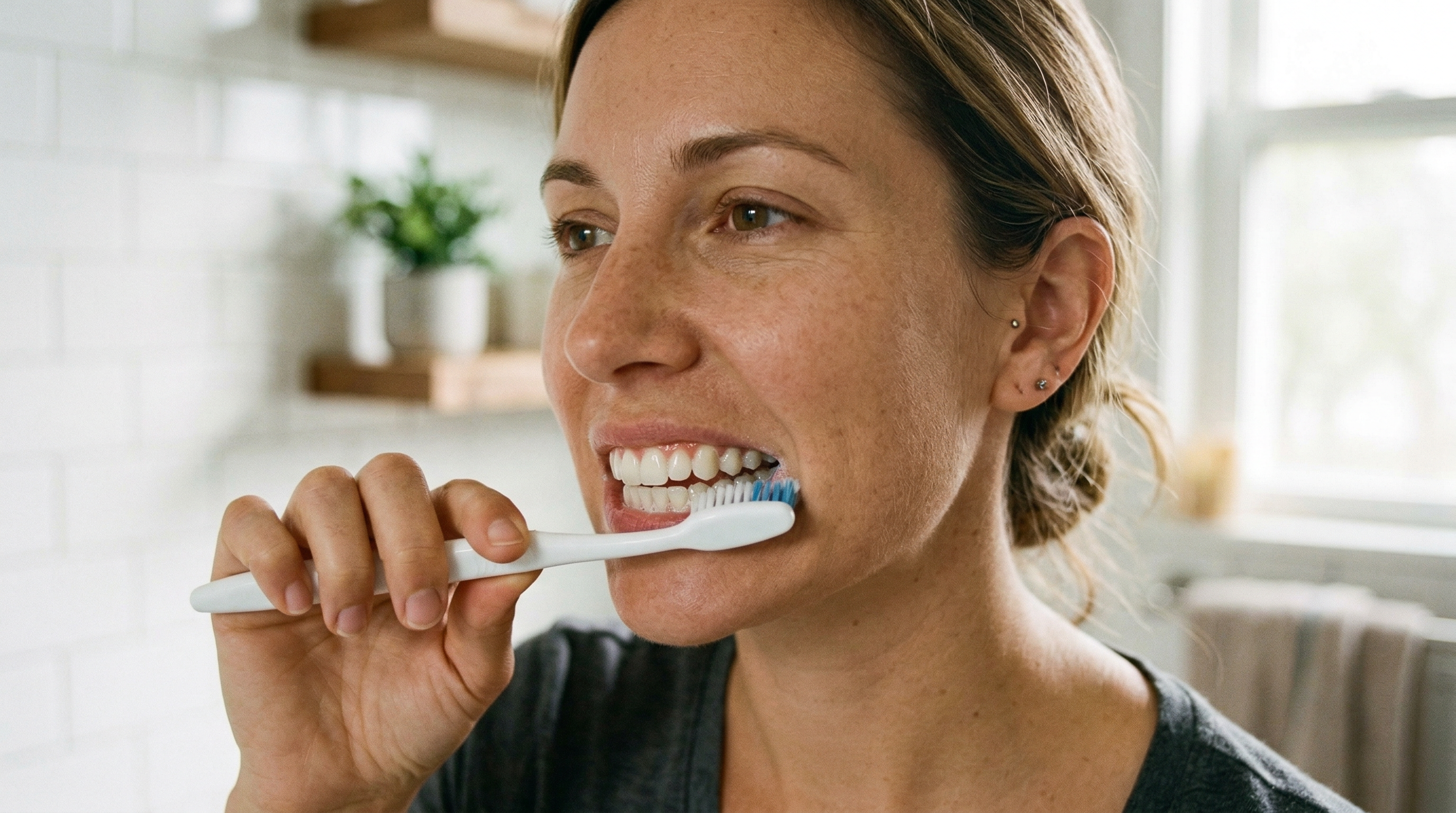 Person brushing teeth with proper technique
