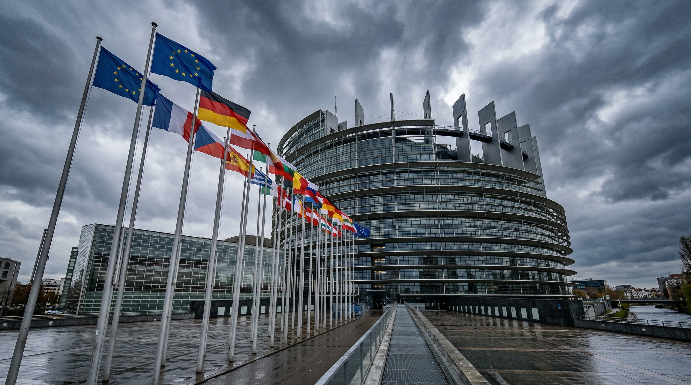 European Parliament building with international flags under dramatic overcast sky